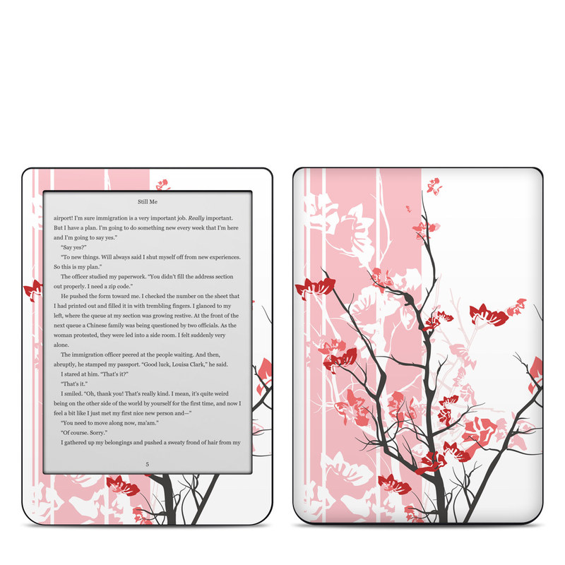 Kobo Clara HD Skin design of Branch, Red, Flower, Plant, Tree, Twig, Blossom, Botany, Pink, Spring, with white, pink, gray, red, black colors