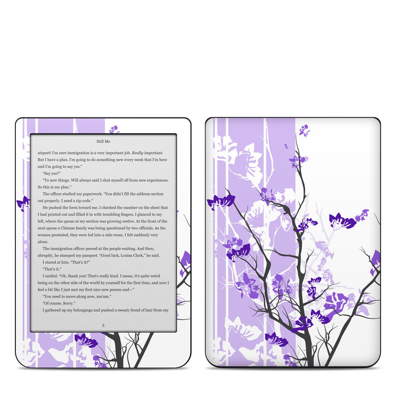 Kobo Clara HD Skin design of Branch, Purple, Violet, Lilac, Lavender, Plant, Twig, Flower, Tree, Wildflower, with white, purple, gray, pink, black colors
