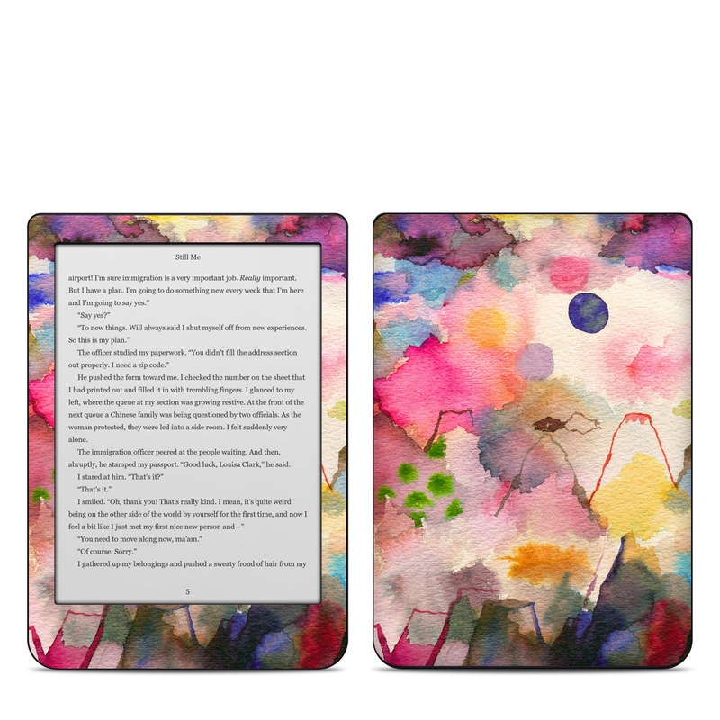 Kobo Clara HD Skin design of Watercolor paint, Flower, Textile, Painting, Art, Plant, Pattern, Visual arts, Floral design, Paint, with white, pink, red, yellow, green, blue, black, orange colors