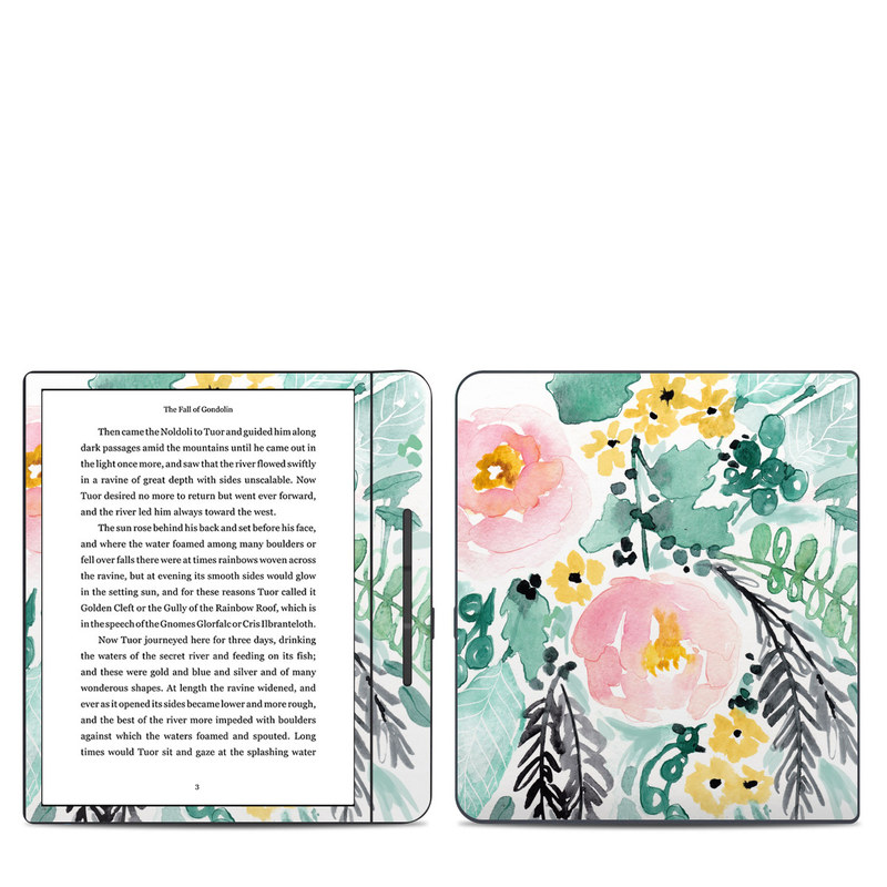 Kobo Forma Skin design of Branch, Clip art, Watercolor paint, Flower, Leaf, Botany, Plant, Illustration, Design, Graphics, with green, pink, red, orange, yellow colors