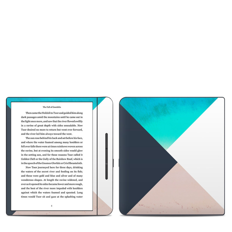 Kobo Forma Skin design of Blue, Turquoise, Aqua, Line, Triangle, Design, Material property, Graphic design, Pattern, Architecture, with black, white, brown, blue colors