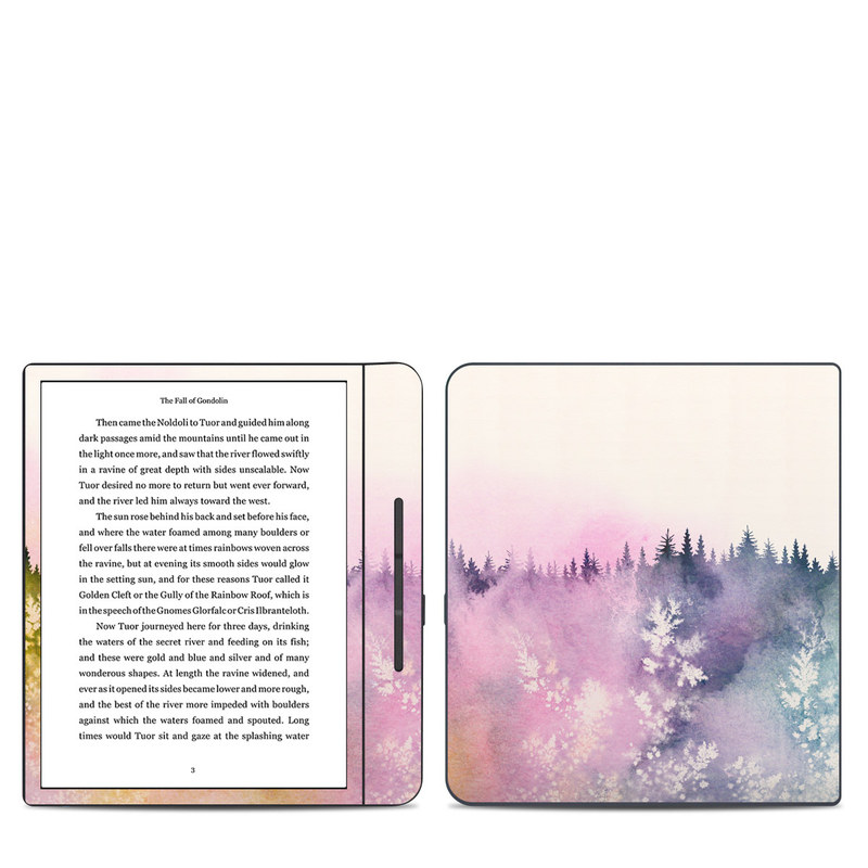 Kobo Forma Skin design of Watercolor paint, Sky, Atmospheric phenomenon, Tree, Atmosphere, Cloud, Landscape, Forest, Painting, Illustration, with white, yellow, pink, purple, blue, black colors