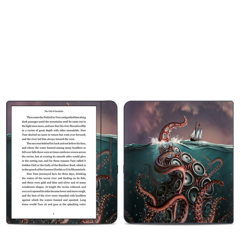 Kobo Forma Skin design of Octopus, Water, Illustration, Wind wave, Sky, Graphic design, Organism, Cephalopod, Cg artwork, giant pacific octopus, with blue, gray, white, brown, red colors