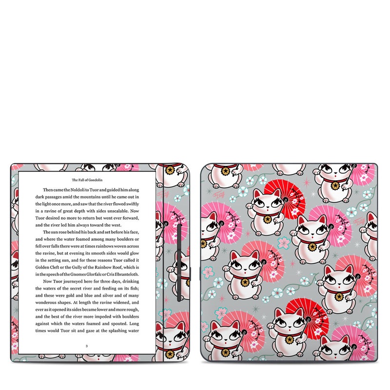 Kobo Forma Skin design of Pink, Red, Cartoon, Design, Line, Textile, Pattern, Illustration, Smile, Fictional character, with white, red, pink, gray, blue, black colors