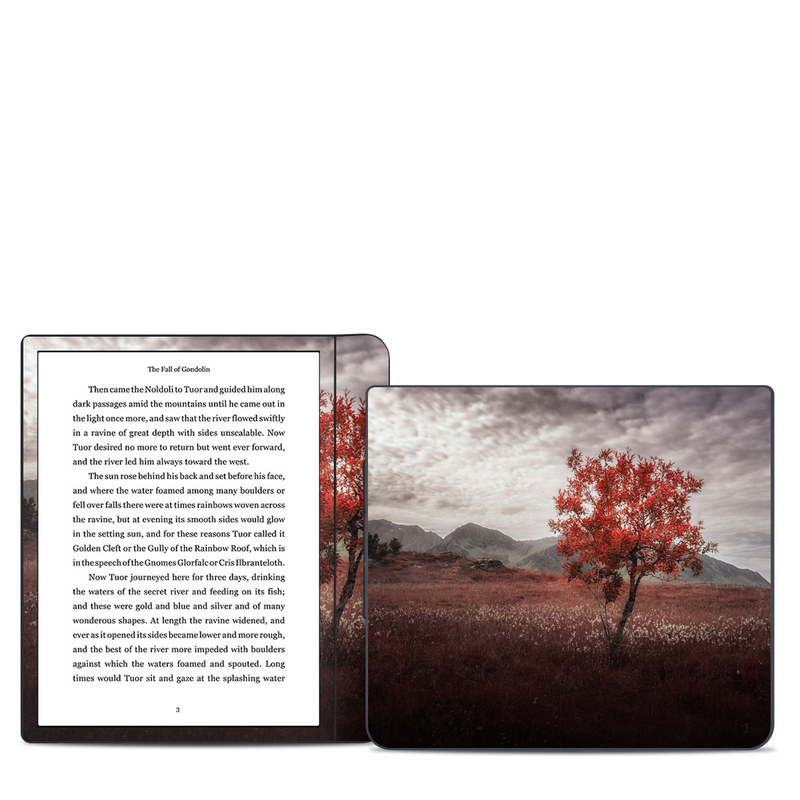 Kobo Forma Skin design of Natural landscape, Nature, Tree, Sky, Red, Natural environment, Atmospheric phenomenon, Leaf, Cloud, Woody plant, with black, gray, red colors