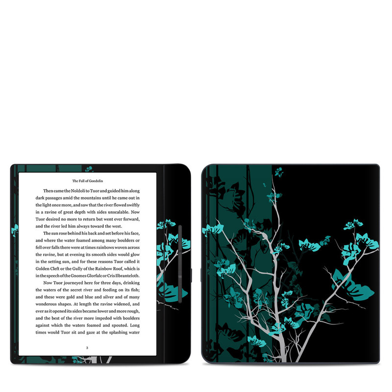 Kobo Forma Skin design of Branch, Black, Blue, Green, Turquoise, Teal, Tree, Plant, Graphic design, Twig, with black, blue, gray colors
