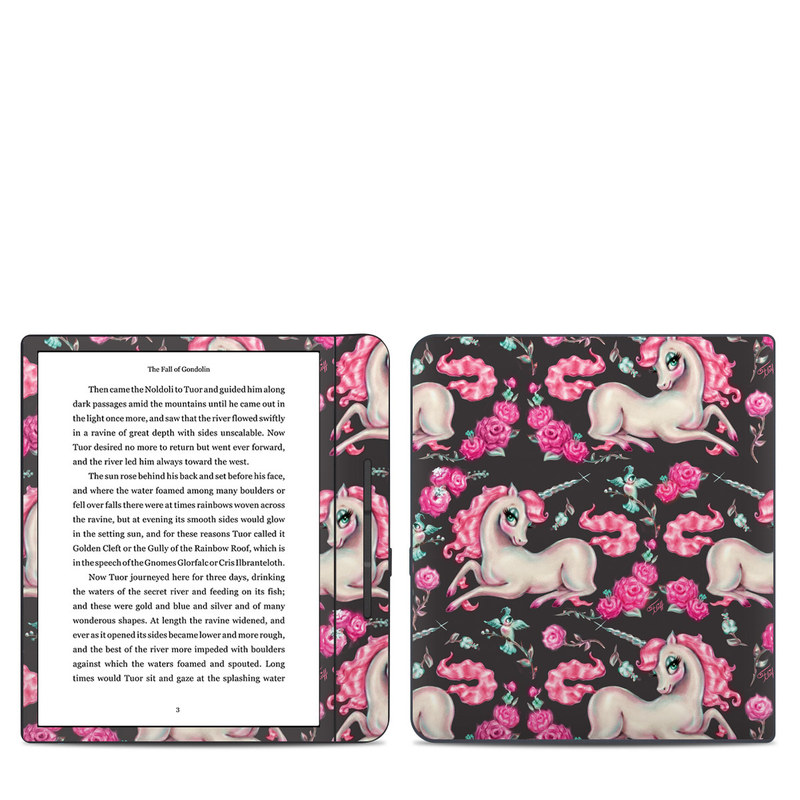 Kobo Forma Skin design of Pink, Horse, Pony, Fictional character, Unicorn, Mythical creature, Mane, Textile, Animal figure, Illustration, with white, pink, blue, black, red colors