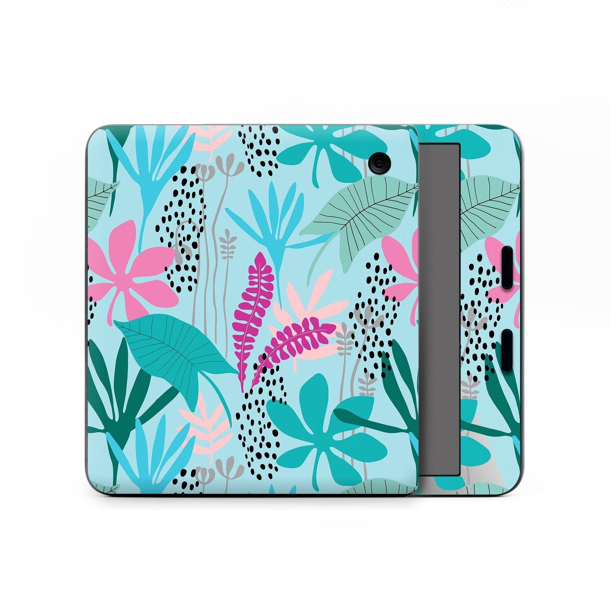 Kobo Libra Colour Skin design of White, Leaf, Botany, Green, Textile, Branch, Organism, Plant, Font, Pink, with blue, green, pink, purple, black, gray colors