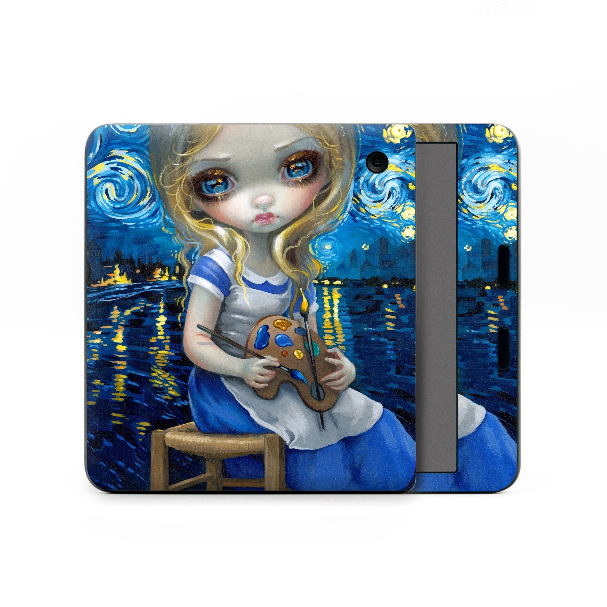 Kobo Libra Colour Skin design of Blue, Illustration, Cg artwork, Doll, Art, Acrylic paint, Painting, Toy, Fictional character, Visual arts, with blue, yellow, white, brown, red colors