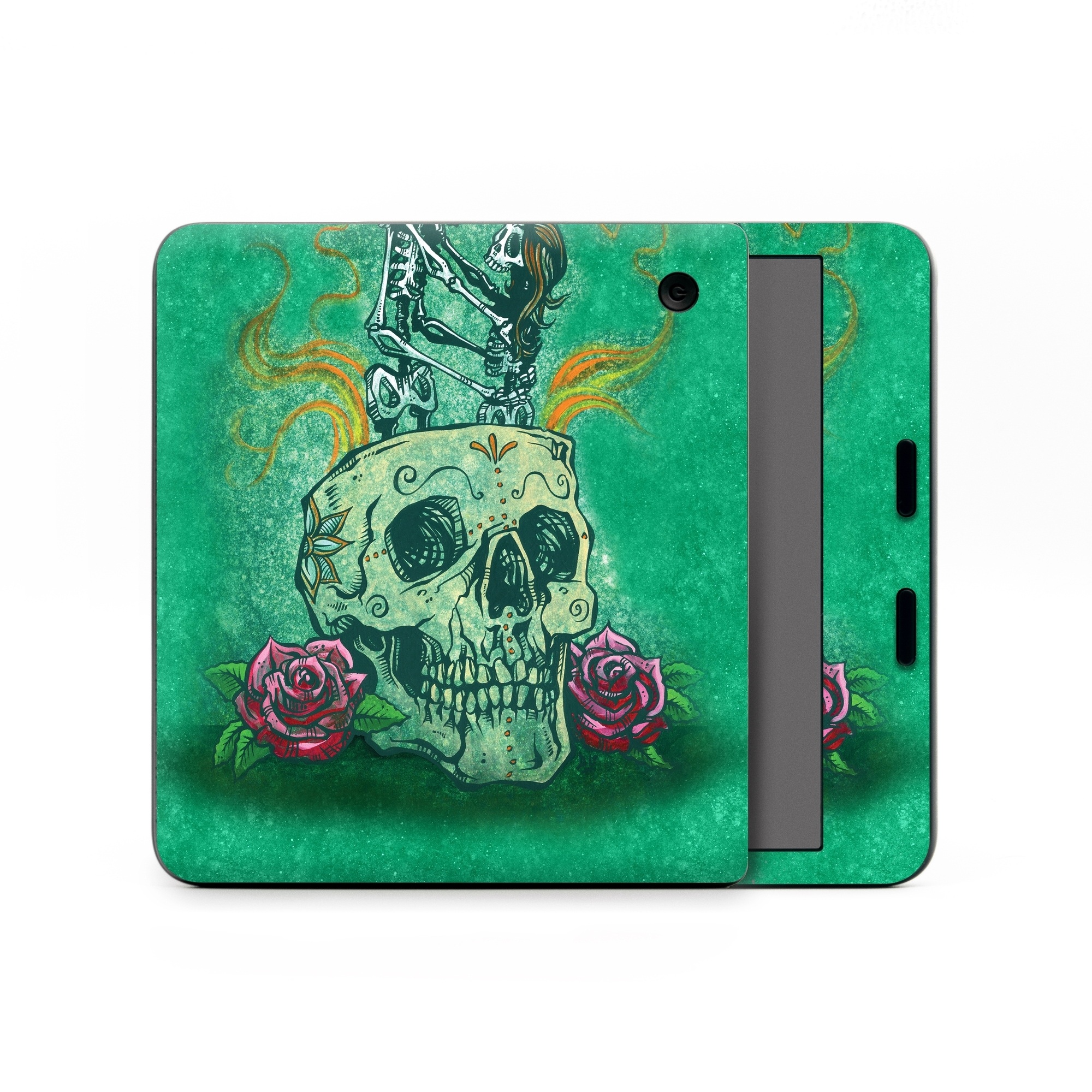 Kobo Libra Colour Skin design of Bone, Skull, Aqua, Pattern, Electric blue, Fashion accessory, Font, Fictional character, Art, Grass, with green, pink, red, yellow, orange, white, gray colors
