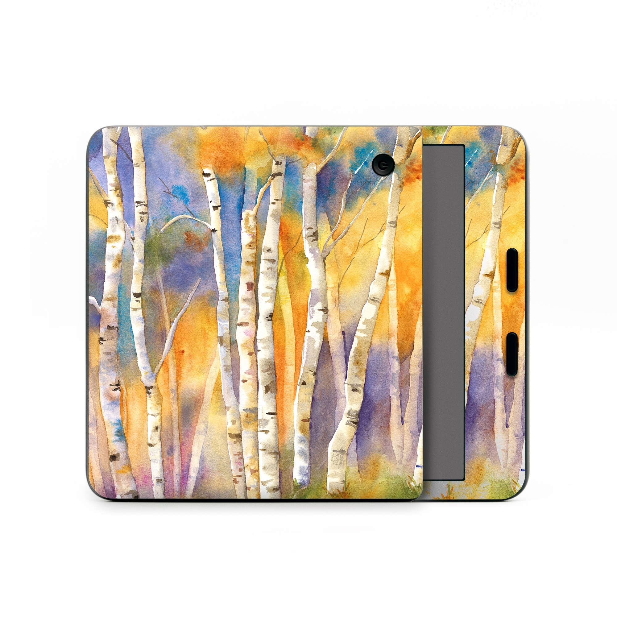 Kobo Libra Colour Skin design of Canoe birch, Watercolor paint, Tree, Birch, Woody plant, Painting, Plant, Birch family, Paint, Trunk, with orange, yellow, green, white, purple, blue colors