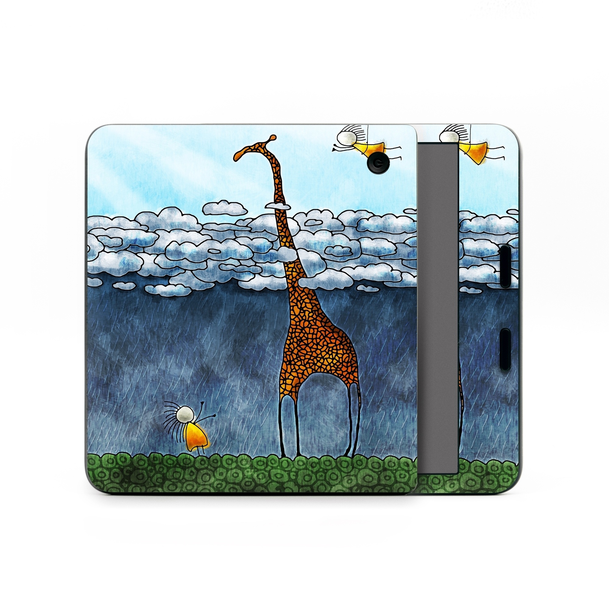 Kobo Libra Colour Skin design of Giraffe, Sky, Tree, Water, Branch, Giraffidae, Illustration, Cloud, Grassland, Bird, with blue, gray, yellow, green colors