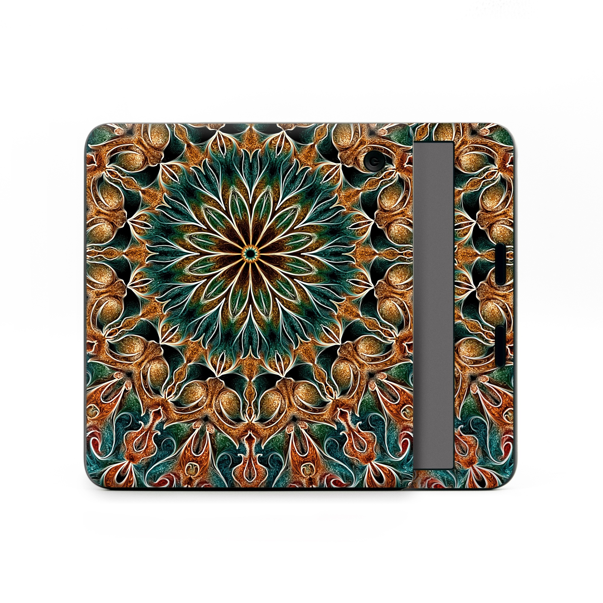 Kobo Libra Colour Skin design of Pattern, Symmetry, Textile, Art, Psychedelic art, Tapestry, Design, Visual arts, Kaleidoscope, Motif, with green, orange, yellow, brown, red colors