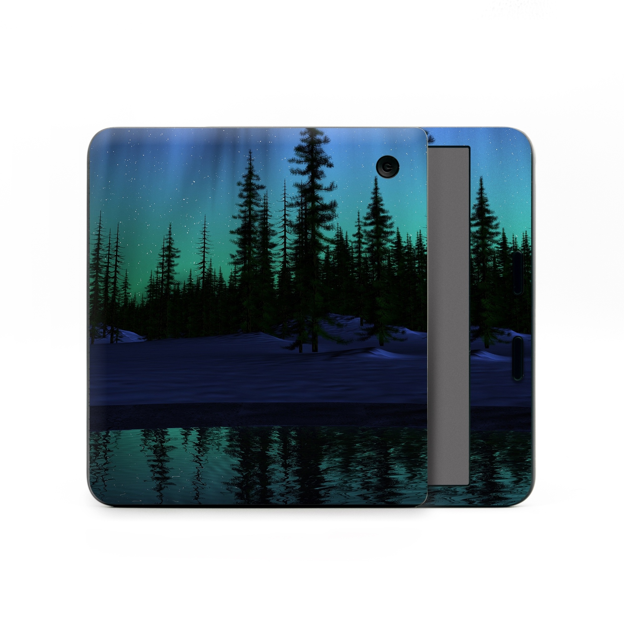 Kobo Libra Colour Skin design of Aurora, Nature, Sky, shortleaf black spruce, Natural landscape, Tree, Wilderness, Natural environment, Biome, Spruce-fir forest, with blue, purple, green, black colors