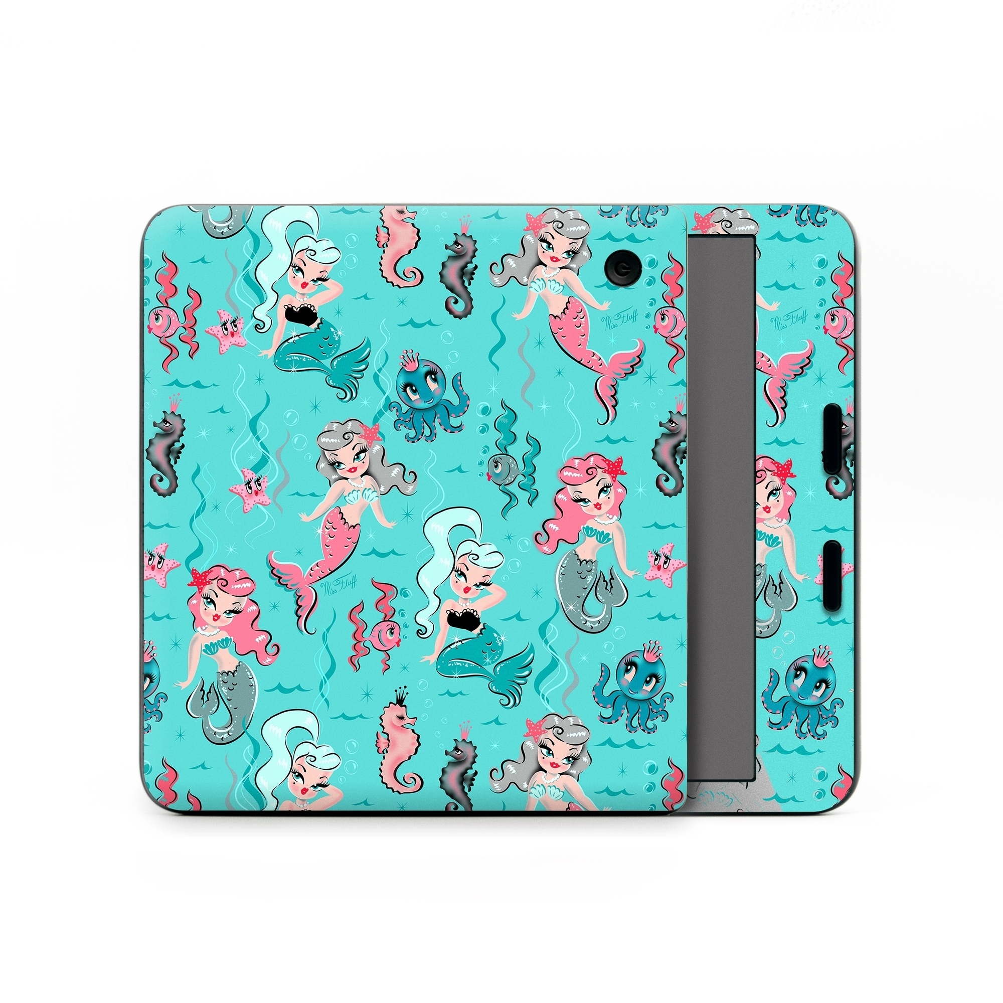 Kobo Libra Colour Skin design of Turquoise, Wrapping paper, Cartoon, Pattern, Textile, Aqua, Design, Gift wrapping, Illustration, Fictional character, with blue, pink, yellow, gray colors