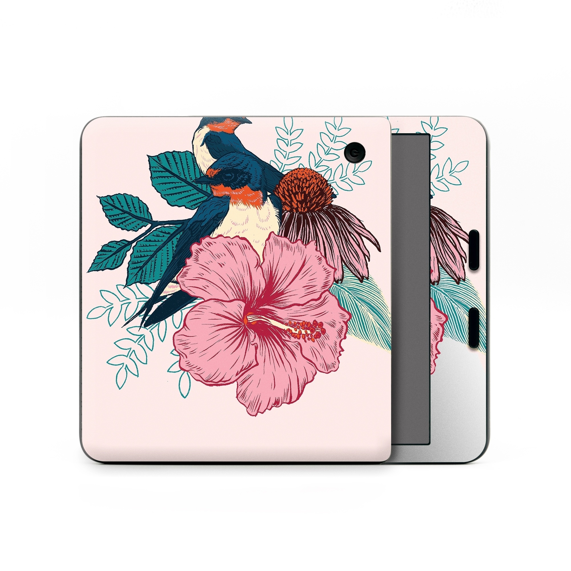 Kobo Libra Colour Skin design of Bird, Hawaiian hibiscus, Hibiscus, Illustration, Chinese hibiscus, Botany, Flower, Plant, Malvales, Mallow family, with blue, pink, green, yellow, red colors