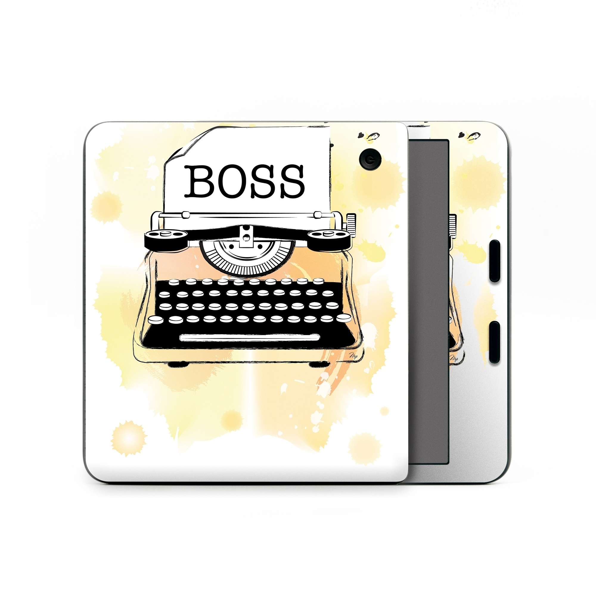 Kobo Libra Colour Skin design of Font, Office equipment, Art, Typewriter, Illustration, Graphics, Painting, Eyelash, Logo, Line art, with white, black, yellow, orange colors