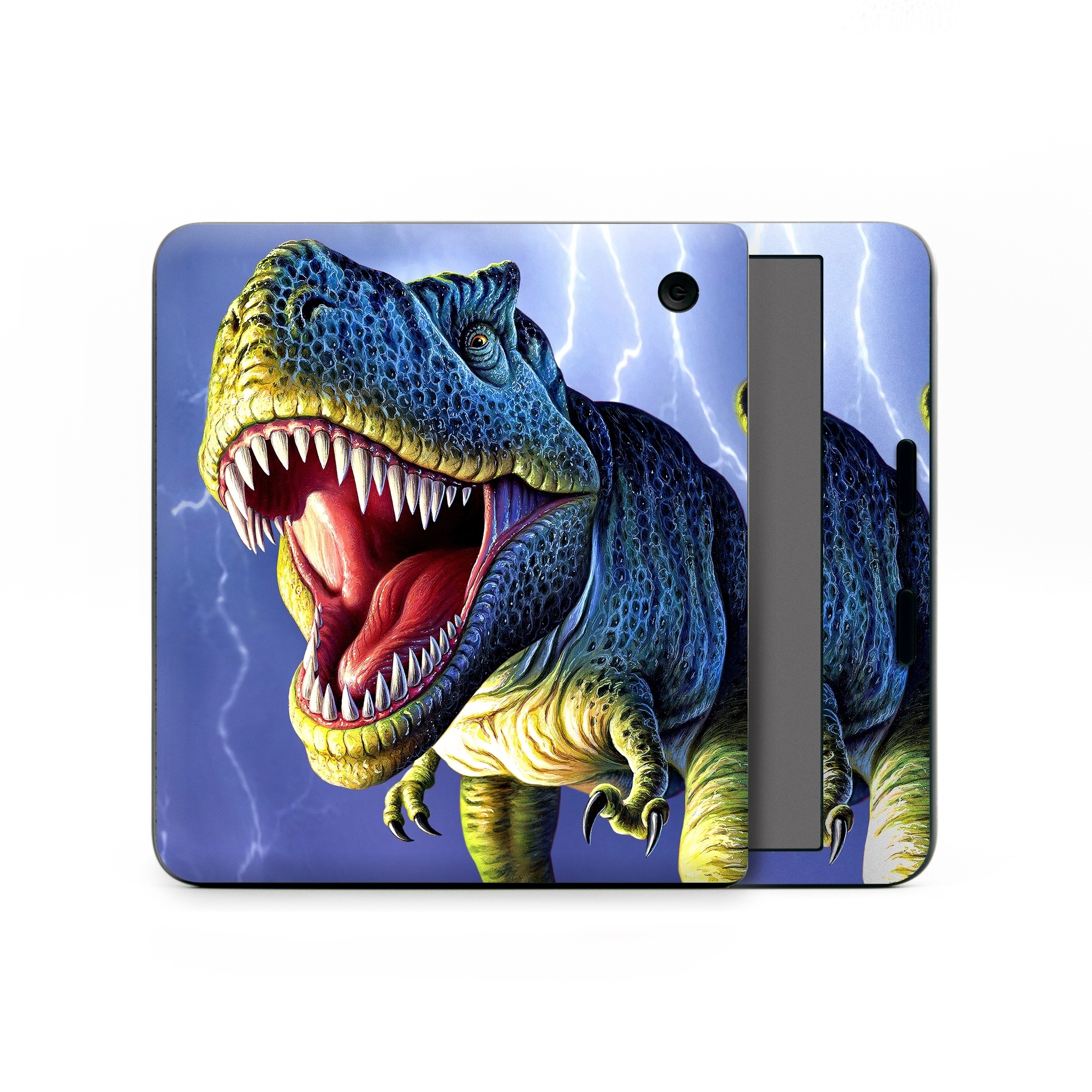 Kobo Libra Colour Skin design of Dinosaur, Extinction, Tyrannosaurus, Velociraptor, Tooth, Jaw, Organism, Mouth, Fictional character, Art, with blue, green, yellow, orange, red colors