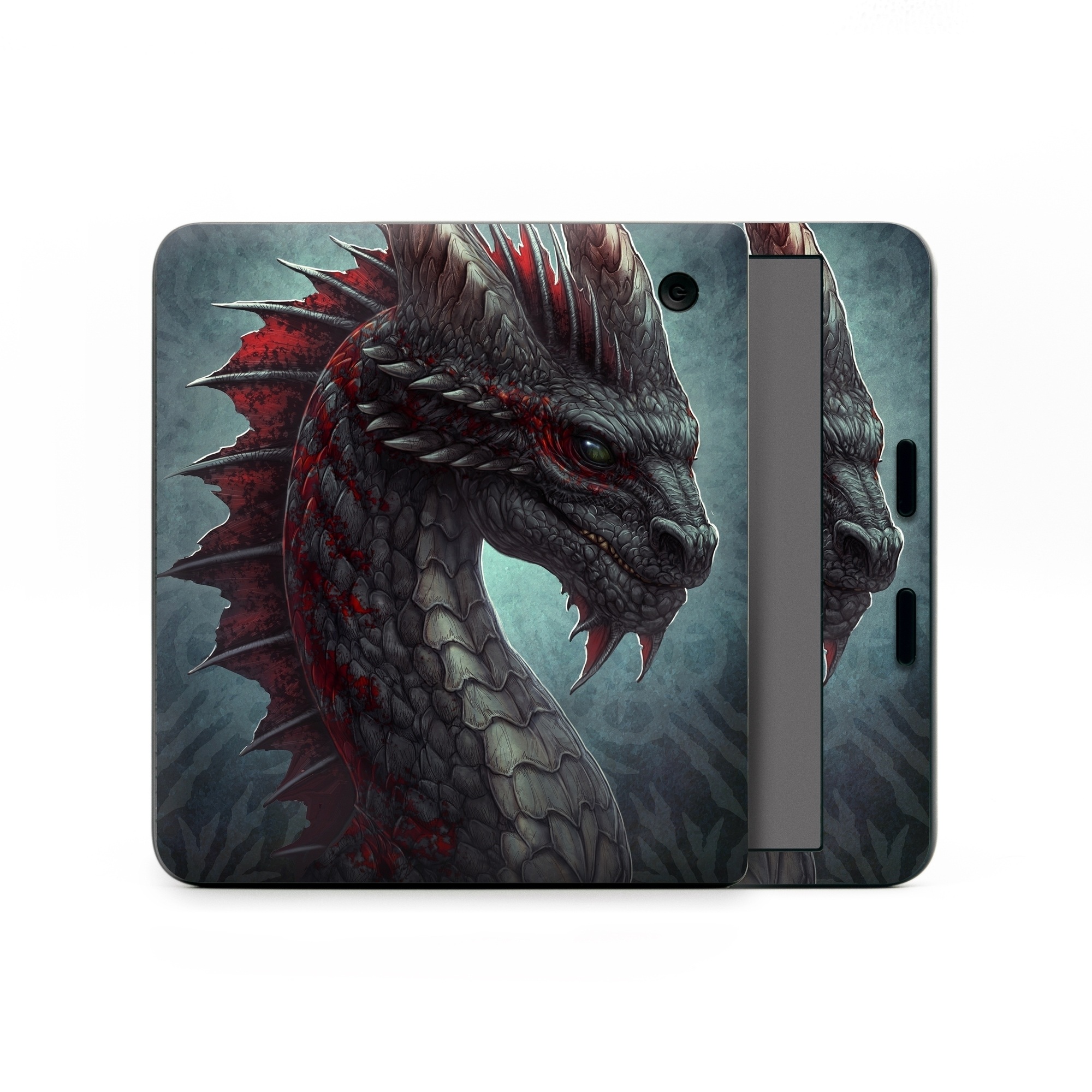Kobo Libra Colour Skin design of Dragon, Fictional character, Mythical creature, Demon, Cg artwork, Illustration, Green dragon, Supernatural creature, Cryptid, with red, gray, blue colors