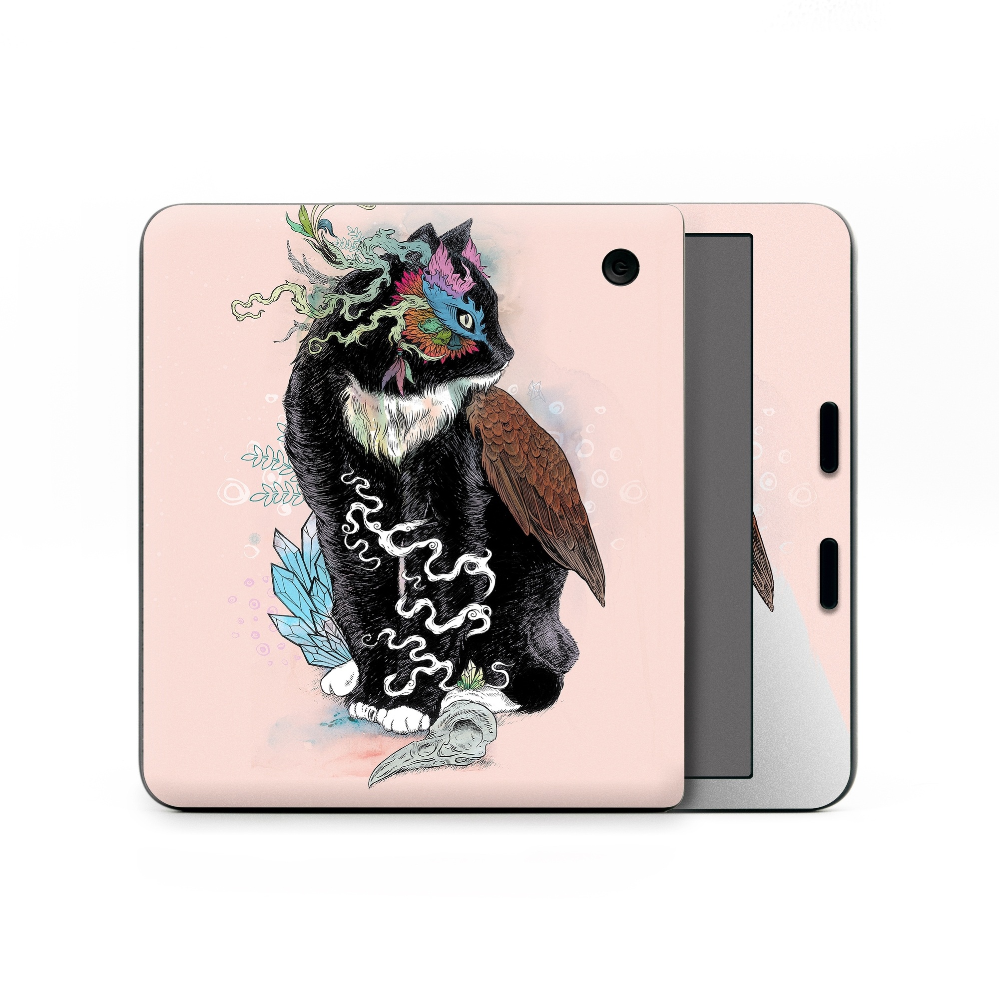 Kobo Libra Colour Skin design of Illustration, Owl, Art, Graphic design, Cat, Tail, with pink, black, brown, red, green colors