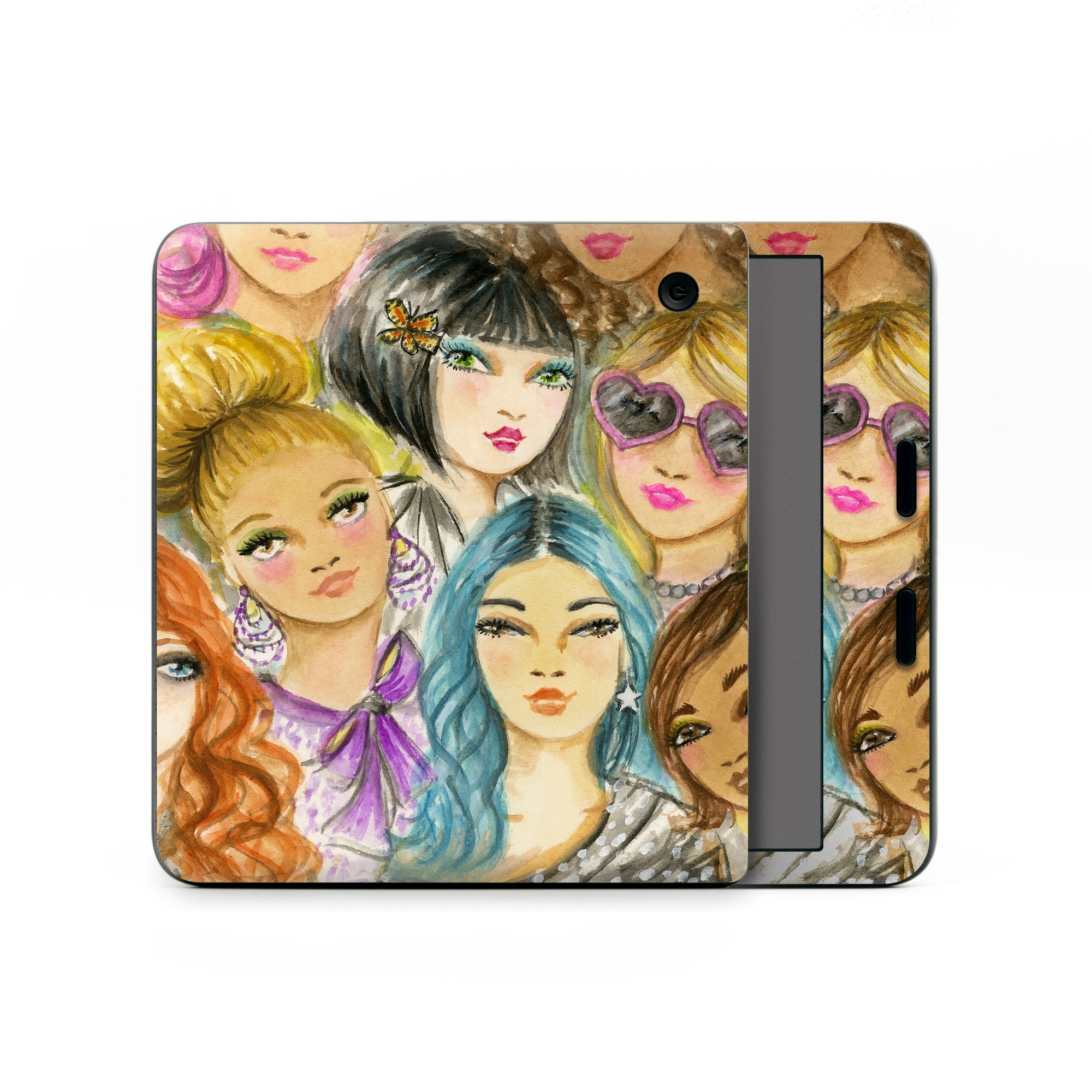 Kobo Libra Colour Skin design of Face, Hair, Head, Art, Hair coloring, Cheek, Illustration, Human, Watercolor paint, Brown hair, with white, black, brown, yellow, purple, blue, pink colors