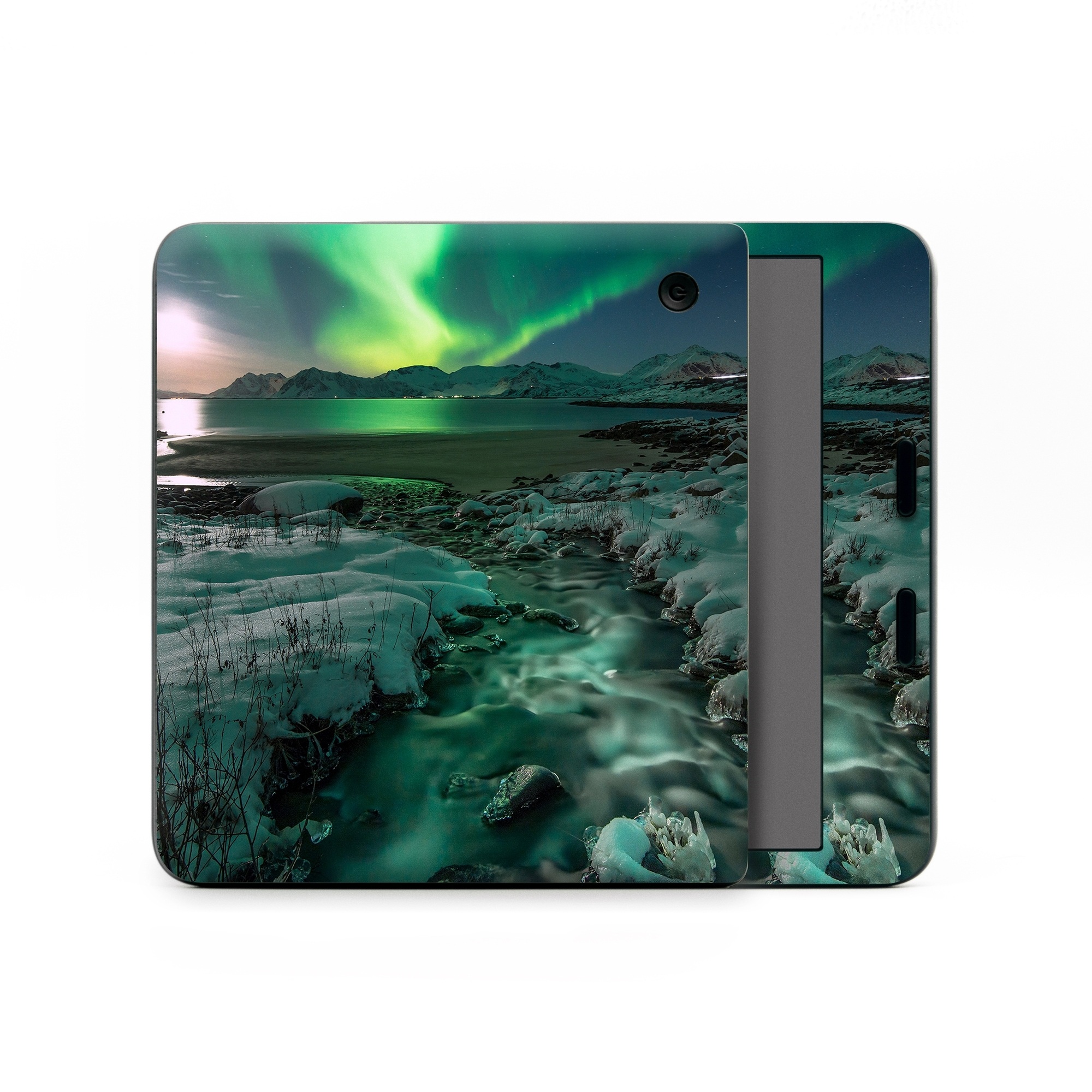 Kobo Libra Colour Skin design of Nature, Aurora, Sky, Geological phenomenon, Water, Atmosphere, Space, Landscape, World, Glacier, with white, green, blue, black, gray colors