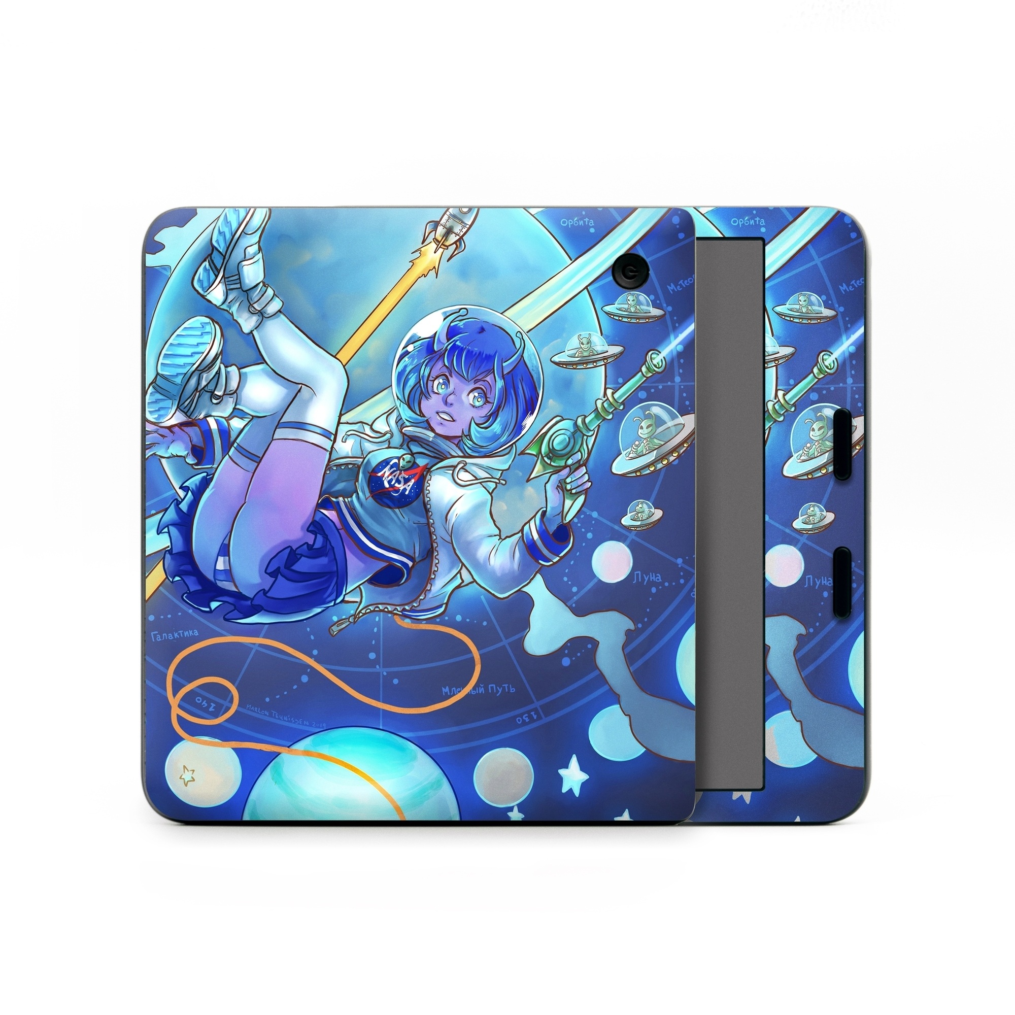 Kobo Libra Colour Skin design of Cartoon, Illustration, Graphic design, Games, Space, Design, Anime, Art, Graphics, Fictional character, with blue, white, yellow, purple, green, red, orange, black colors