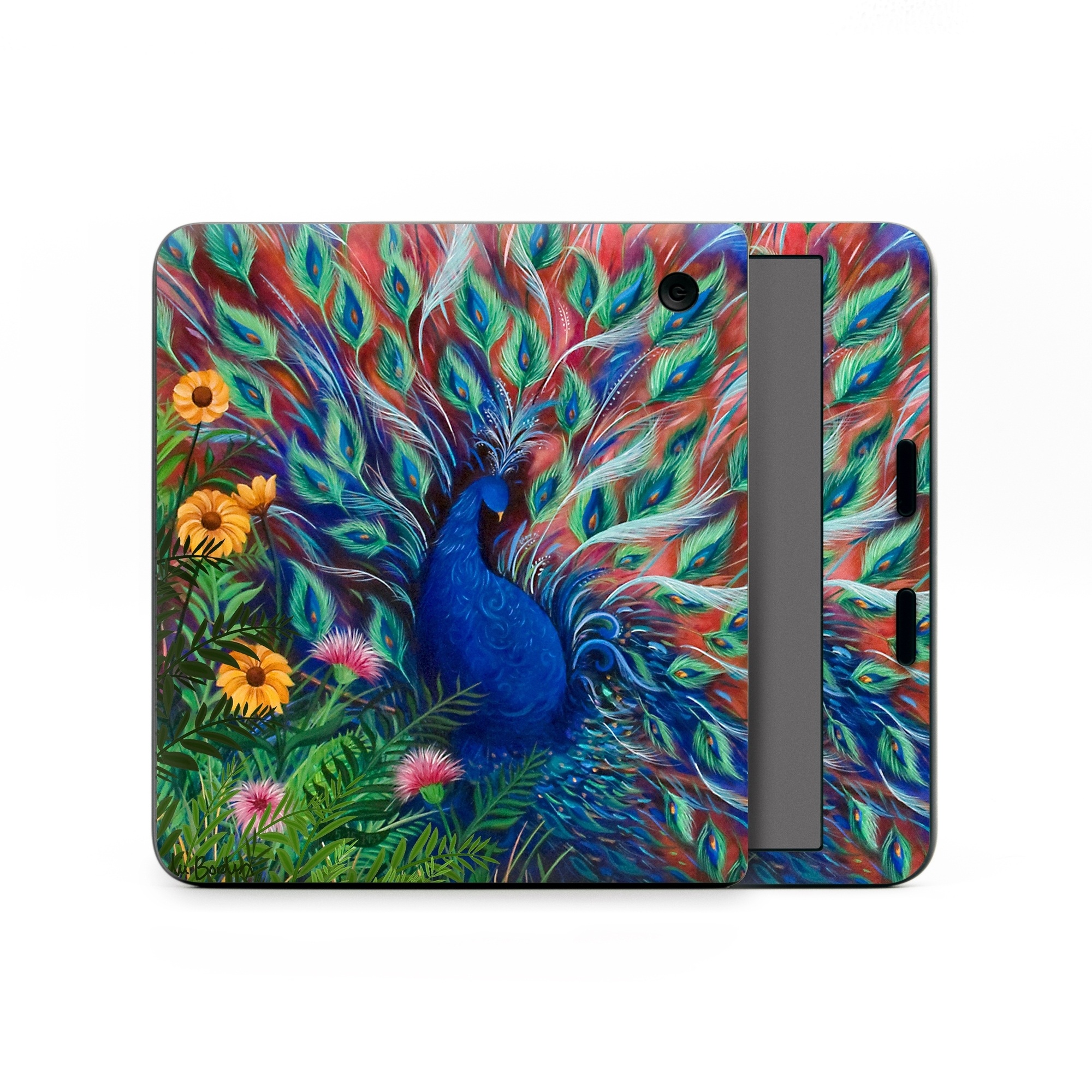Kobo Libra Colour Skin design of Painting, Acrylic paint, Bird, Child art, Art, Galliformes, Peafowl, Visual arts, Watercolor paint, Plant, with black, red, gray, blue, green colors