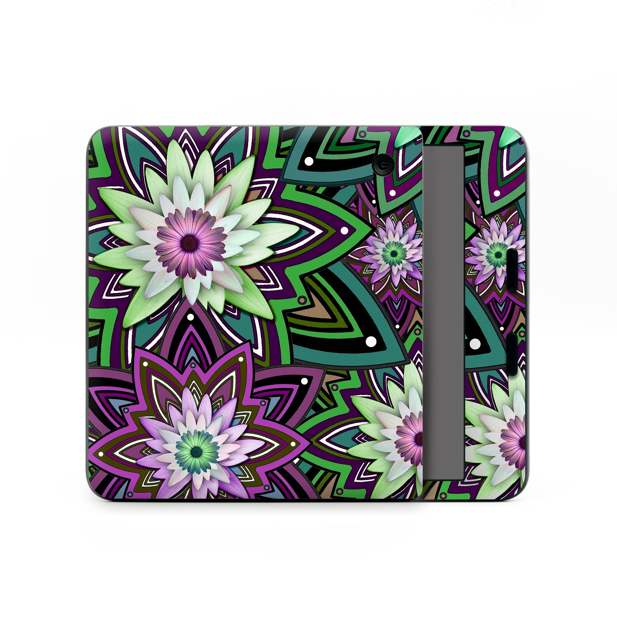 Kobo Libra Colour Skin design of Pattern, Purple, Green, Flower, Psychedelic art, Design, Lilac, Plant, Symmetry, Visual arts, with black, gray, green, purple, blue, red colors