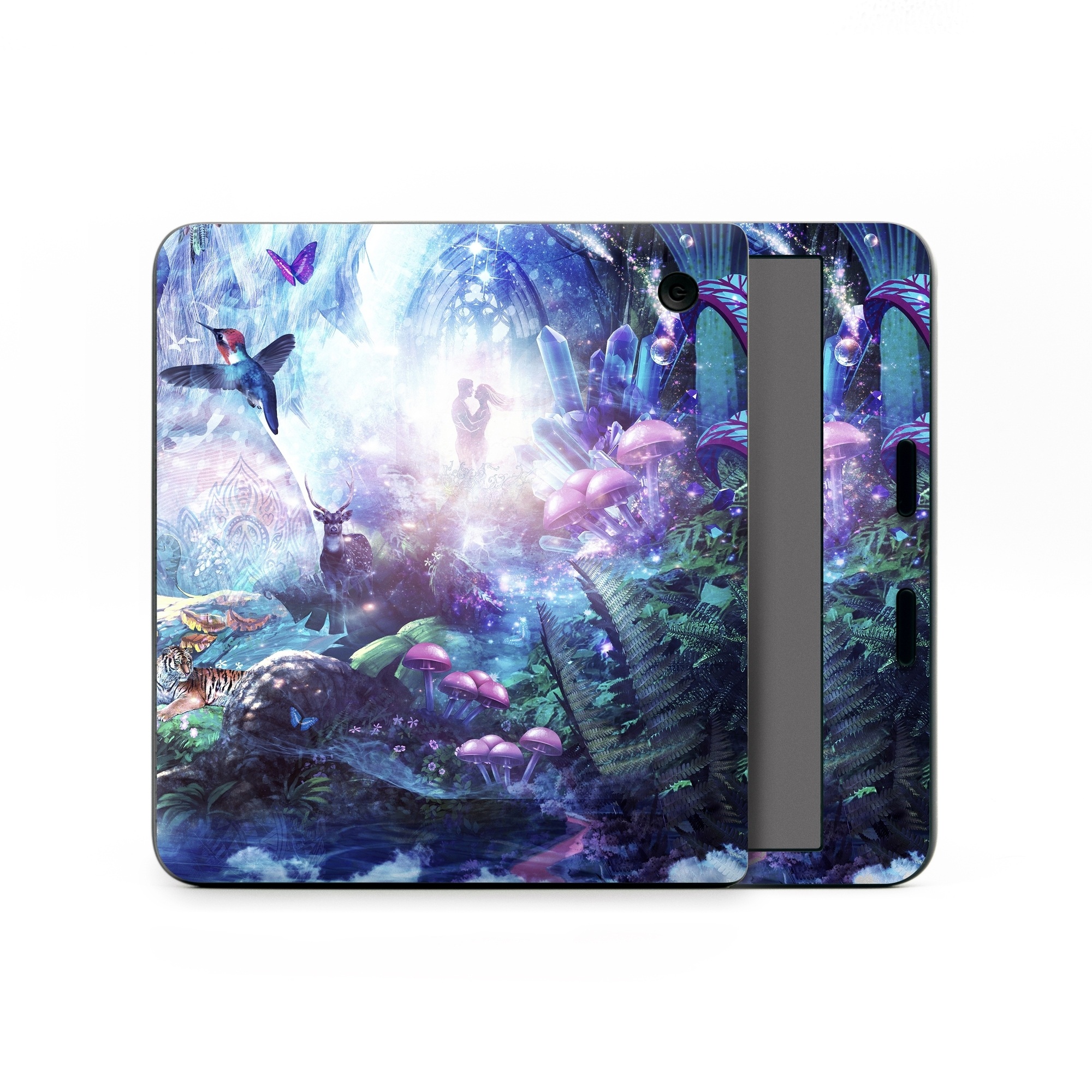 Kobo Libra Colour Skin design of Man, Woman, Fictional Character, Mythology, Bird, Wing, Mythical Creature, Deer, Tiger, Mushrooms, Butterfly, with white, blue, green, red, yellow, black, purple, gray colors