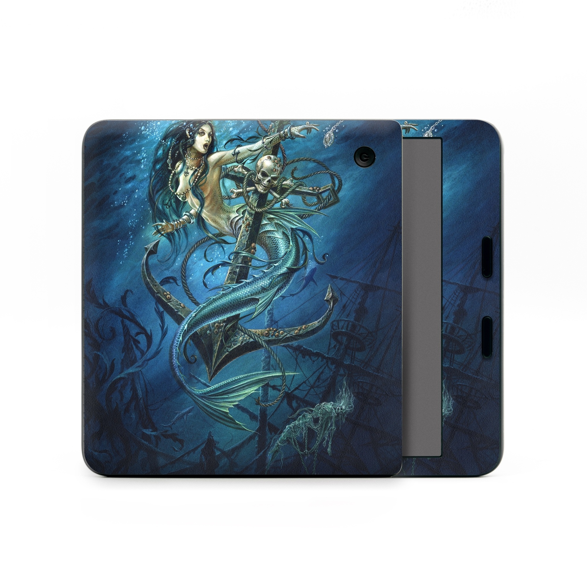 Kobo Libra Colour Skin design of Mermaid, Cg artwork, Illustration, Fictional character, Art, Mythology, Mythical creature, Graphic design, with blue, green, white, black colors