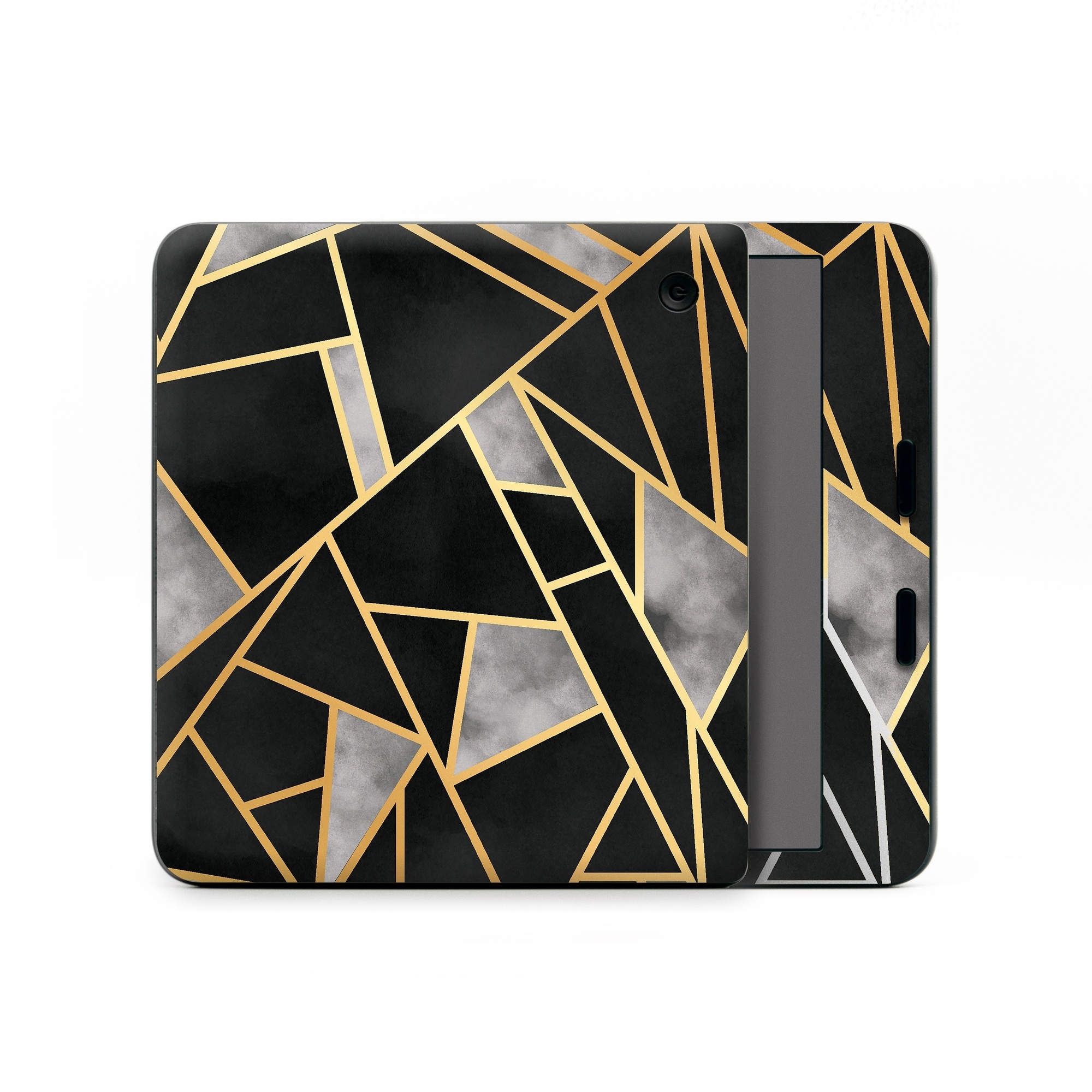 Kobo Libra Colour Skin design of Pattern, Triangle, Yellow, Line, Tile, Floor, Design, Symmetry, Architecture, Flooring, with black, gray, yellow colors
