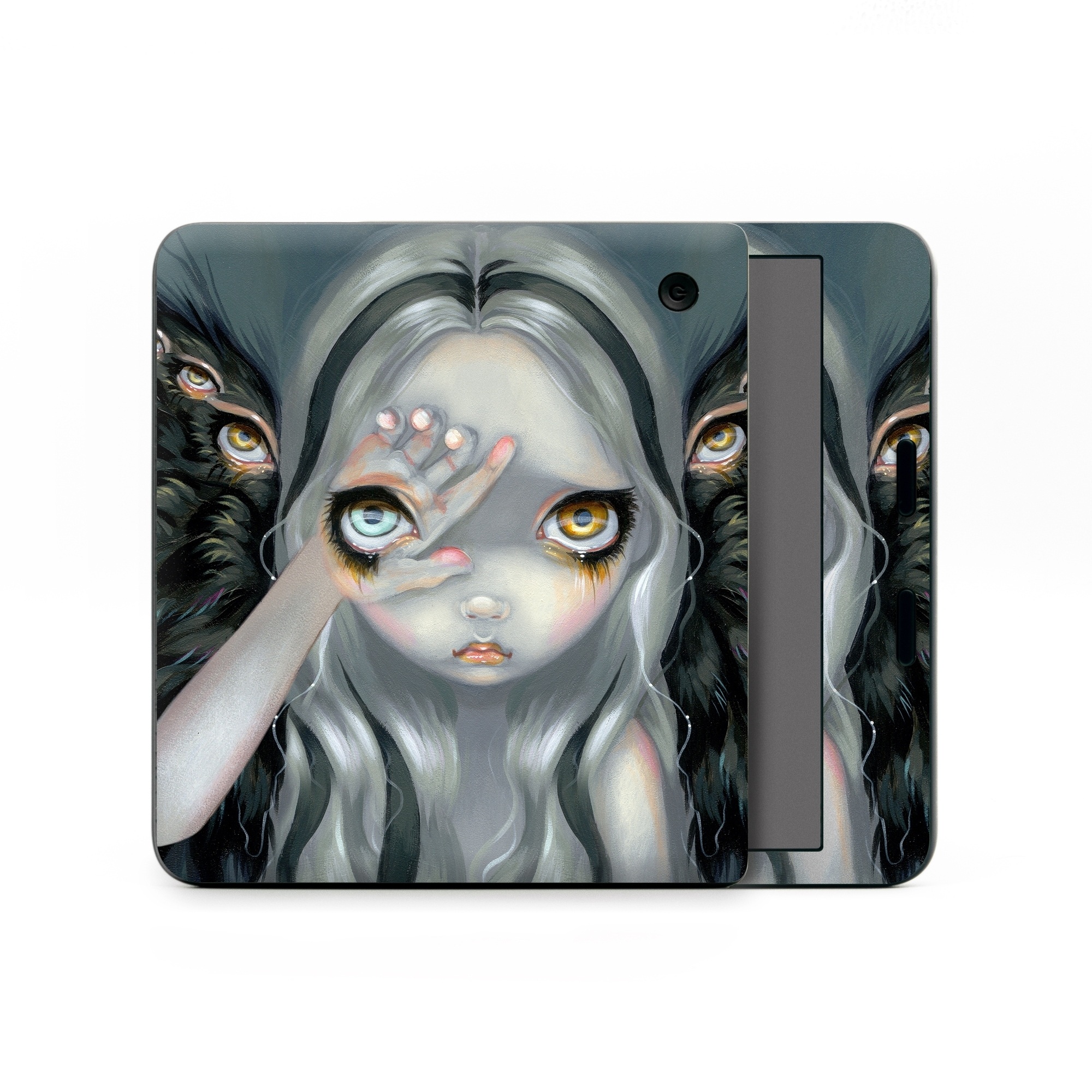 Kobo Libra Colour Skin design of Face, Head, Cg artwork, Eye, Illustration, Organ, Fictional character, Art, Iris, Darkness, with black, gray, blue, green colors