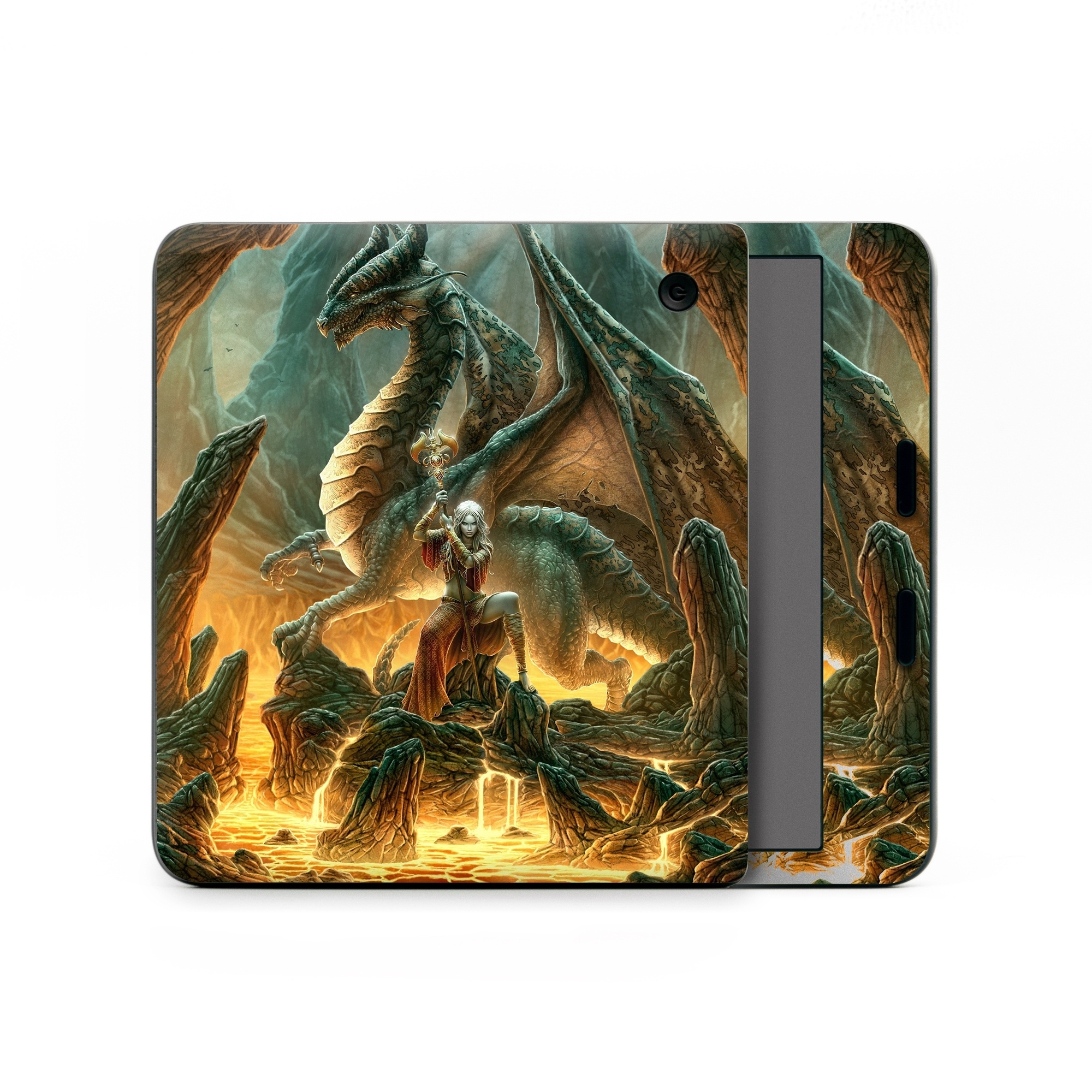 Kobo Libra Colour Skin design of Dragon, Cg artwork, Mythology, Fictional character, Mythical creature, Art, Illustration, Cryptid, Sculpture, Demon, with black, green, red, gray, blue colors