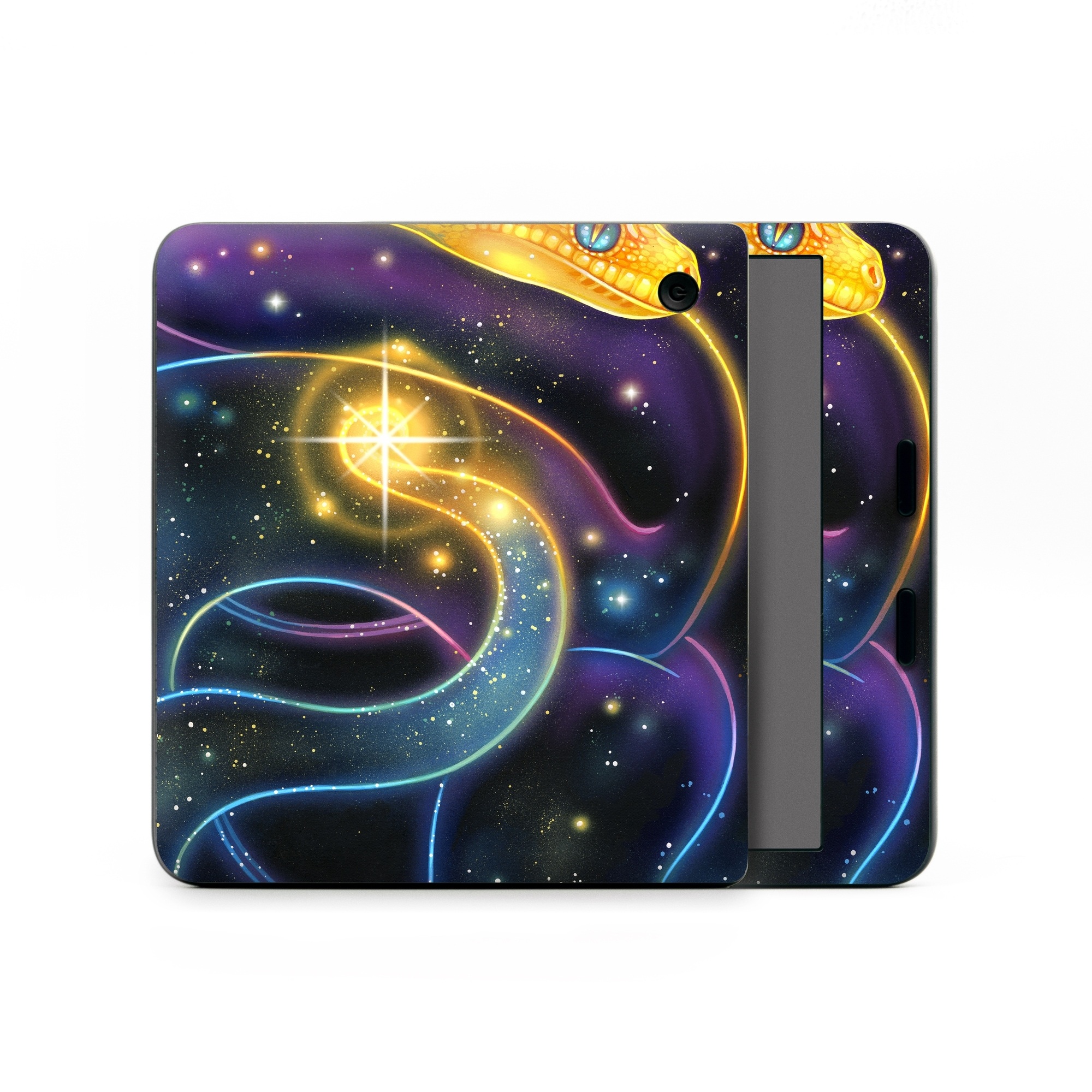 Kobo Libra Colour Skin design of Atmosphere, Light, Organism, Art, Font, Astronomical object, Galaxy, Star, Science, Nebula, with black, white, yellow, orange, green, purple colors