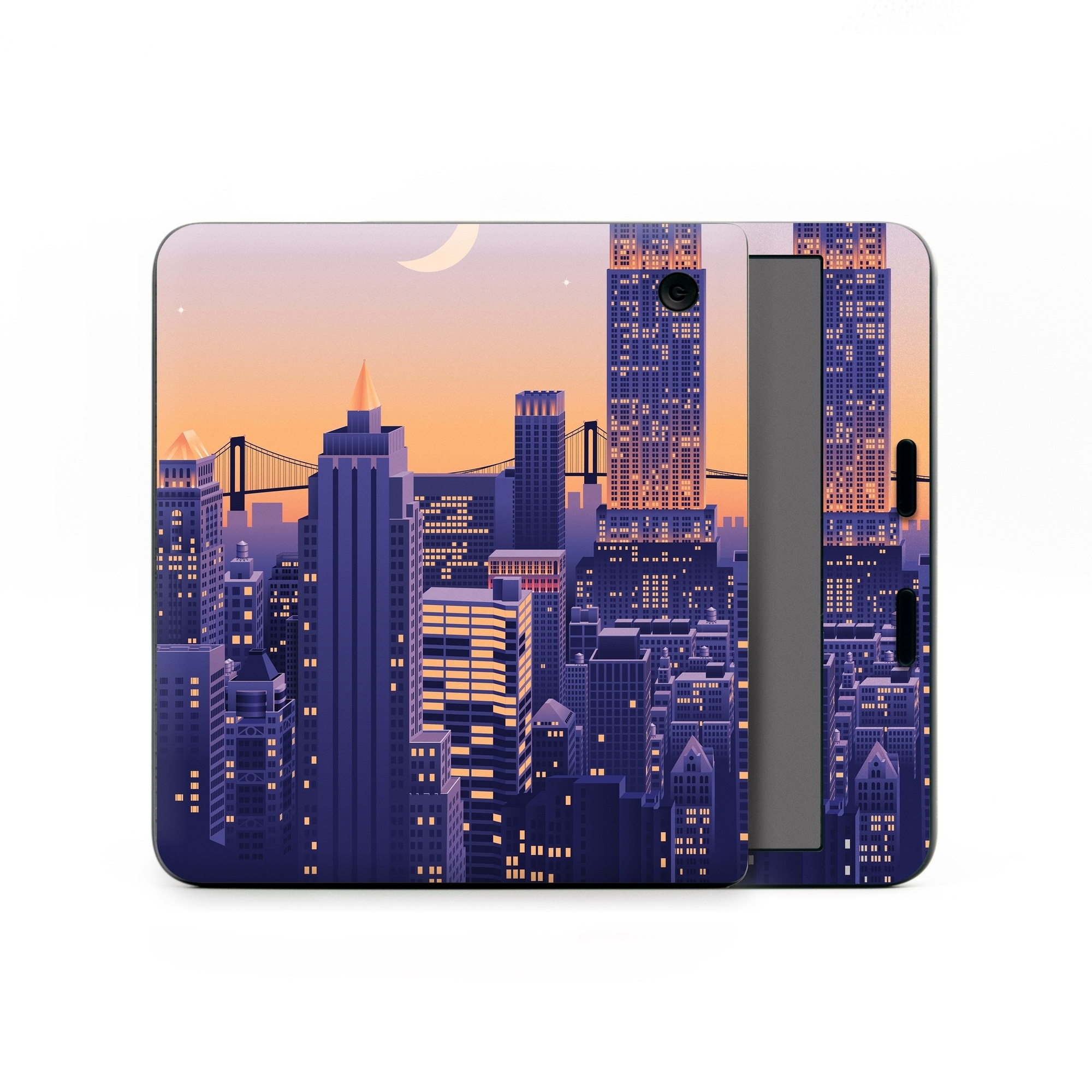 Kobo Libra Colour Skin design of Skyscraper, Building, Sky, Atmosphere, Moon, World, Nature, Tower, Afterglow, Dusk, with blue, purple, yellow, orange colors