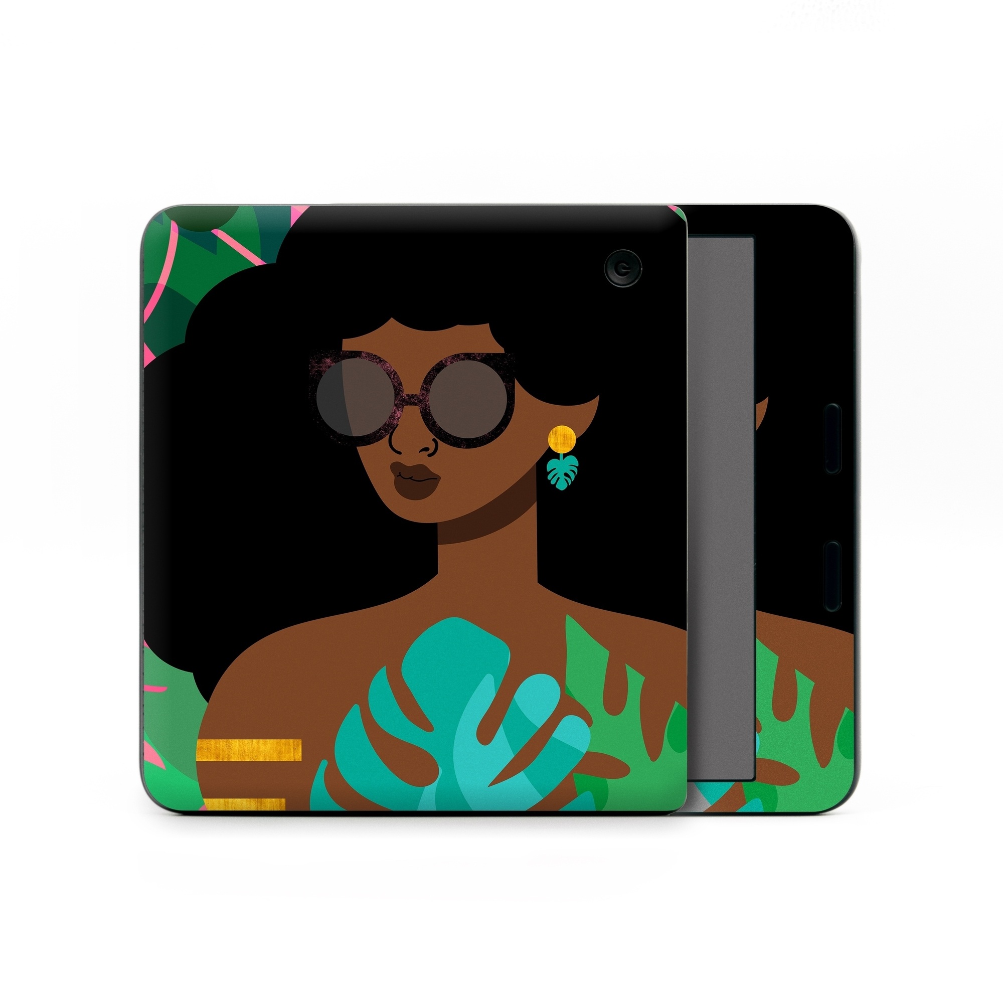 Kobo Libra Colour Skin design of Illustration, Afro, Art, Eyewear, Glasses, Graphic design, Visual arts, Graphics, Fictional character, with brown, black, green, pink, blue, yellow colors