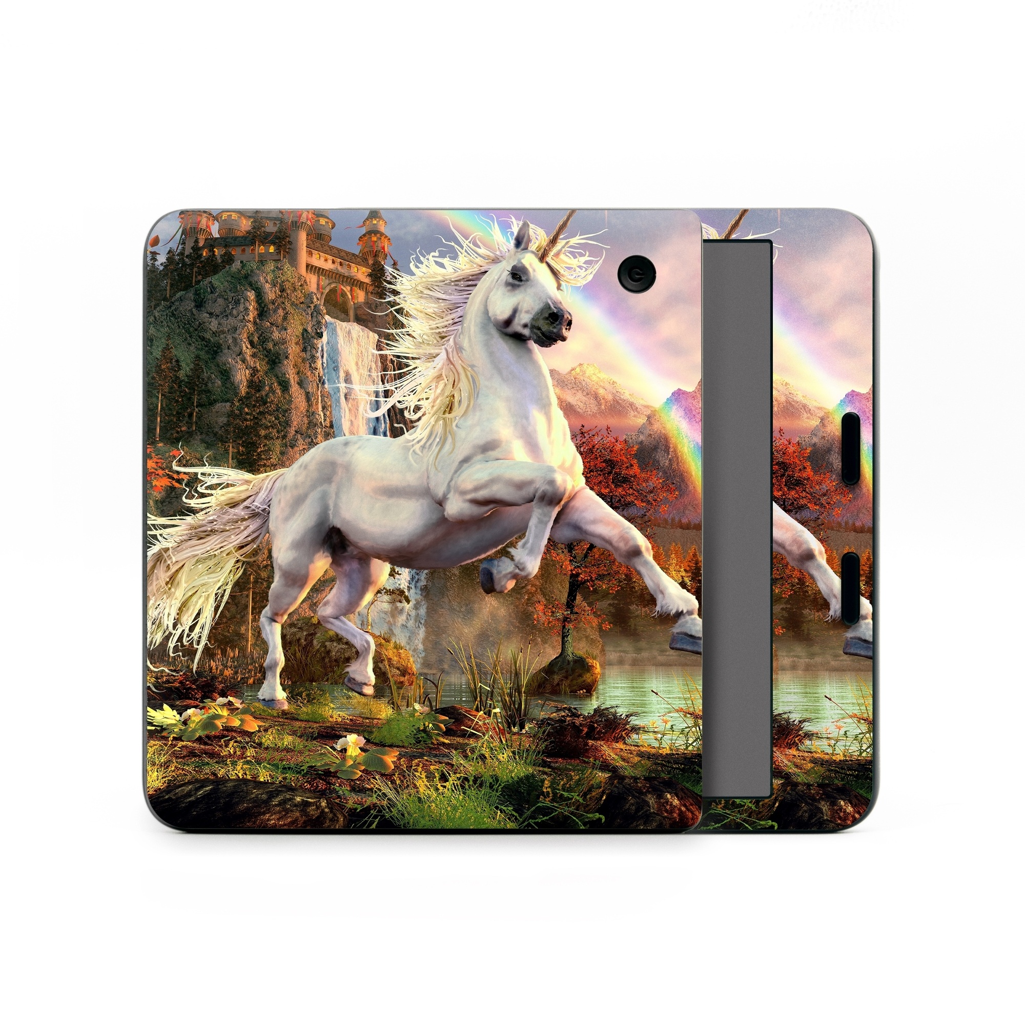 Kobo Libra Colour Skin design of Nature, Unicorn, Fictional character, Sky, Mythical creature, Mythology, Cg artwork, Horse, Mane, Wildlife, with black, gray, red, green, blue colors