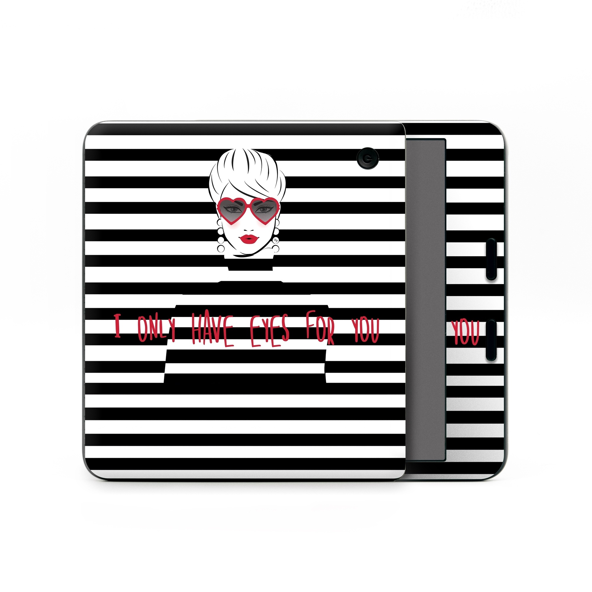 Kobo Libra Colour Skin design of Rectangle, Font, Gesture, Eyewear, Art, Technology, Personal protective equipment, Goggles, Logo, Eyelash, with black, white, yellow, red colors