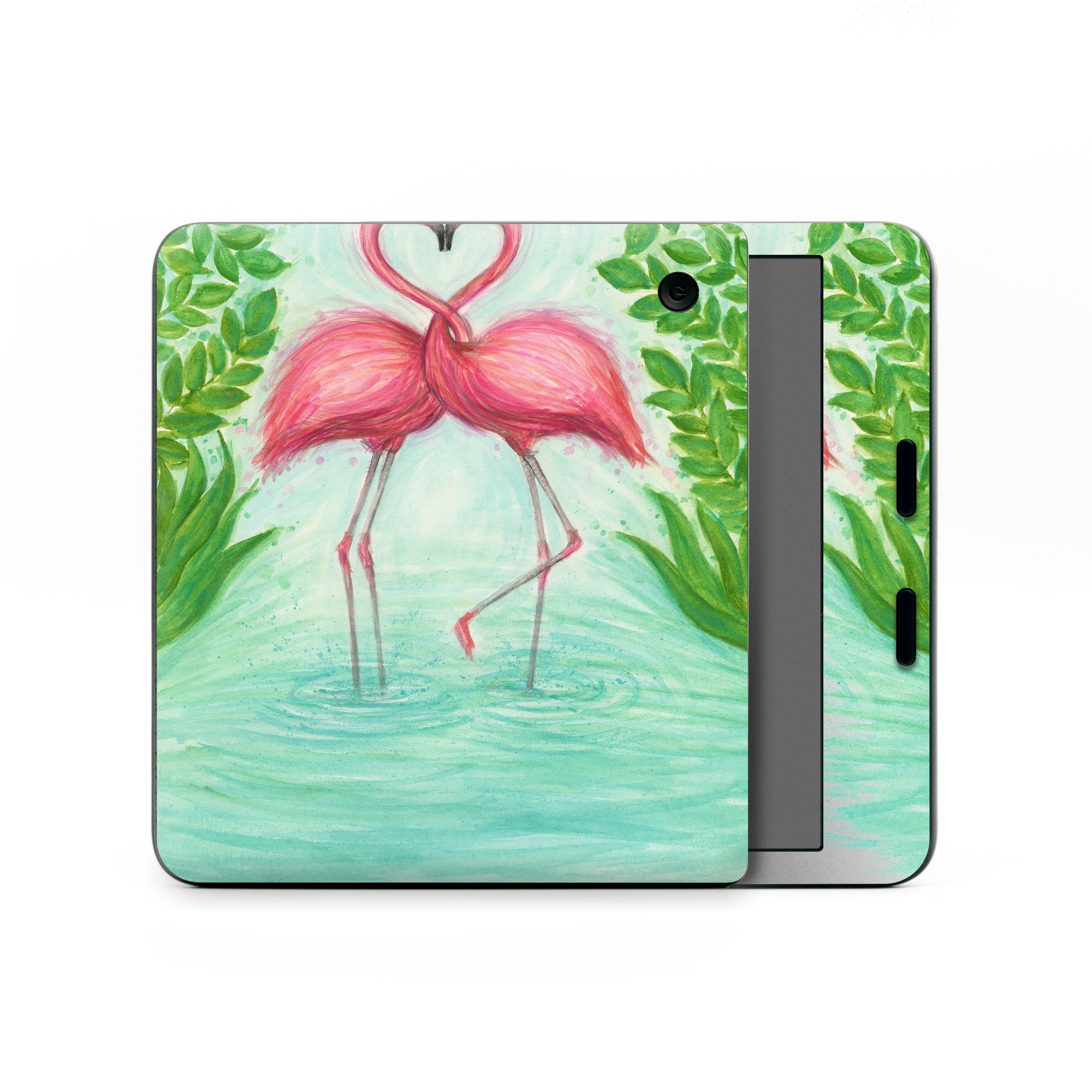 Kobo Libra Colour Skin design of Flamingo, Greater flamingo, Bird, Water bird, Pink, Illustration, Watercolor paint, Organism, Drawing, Stork, with pink, blue, green colors