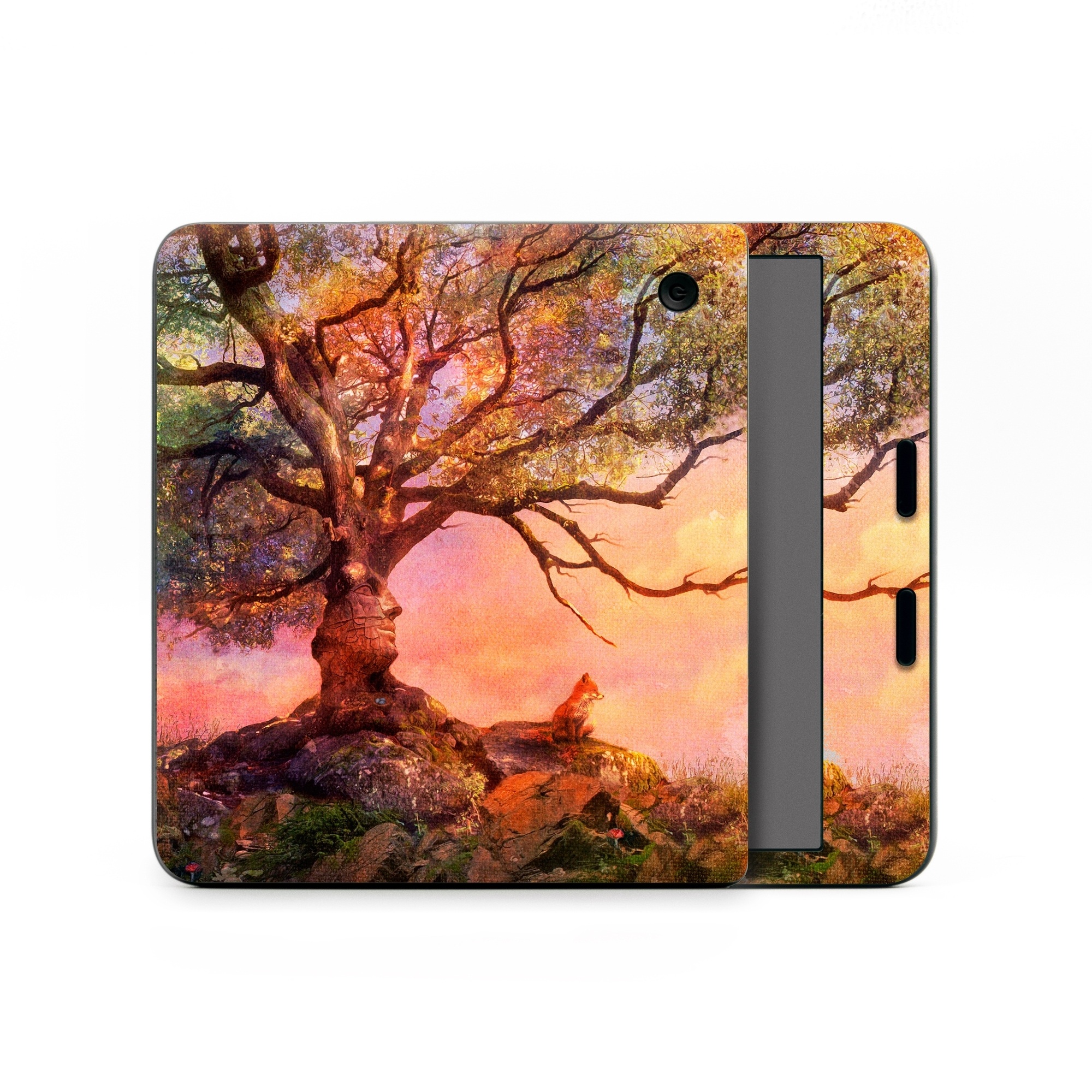 Kobo Libra Colour Skin design of Nature, Tree, Sky, Natural landscape, Branch, Leaf, Woody plant, Trunk, Landscape, Plant, with pink, red, black, green, gray, orange colors
