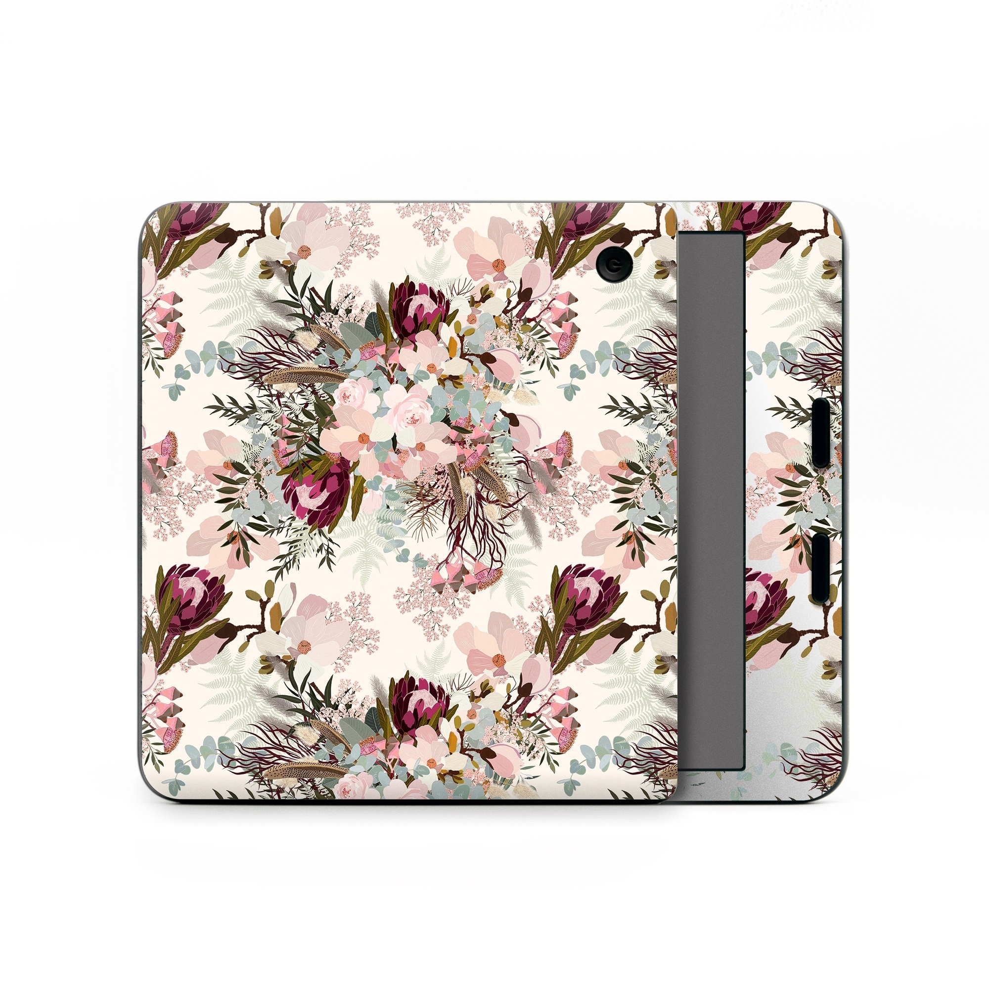 Kobo Libra Colour Skin design of Pink, Pattern, Lilac, Flower, Plant, Petal, Floral design, Textile, Design, Blossom, with white, red, pink, blue, brown colors