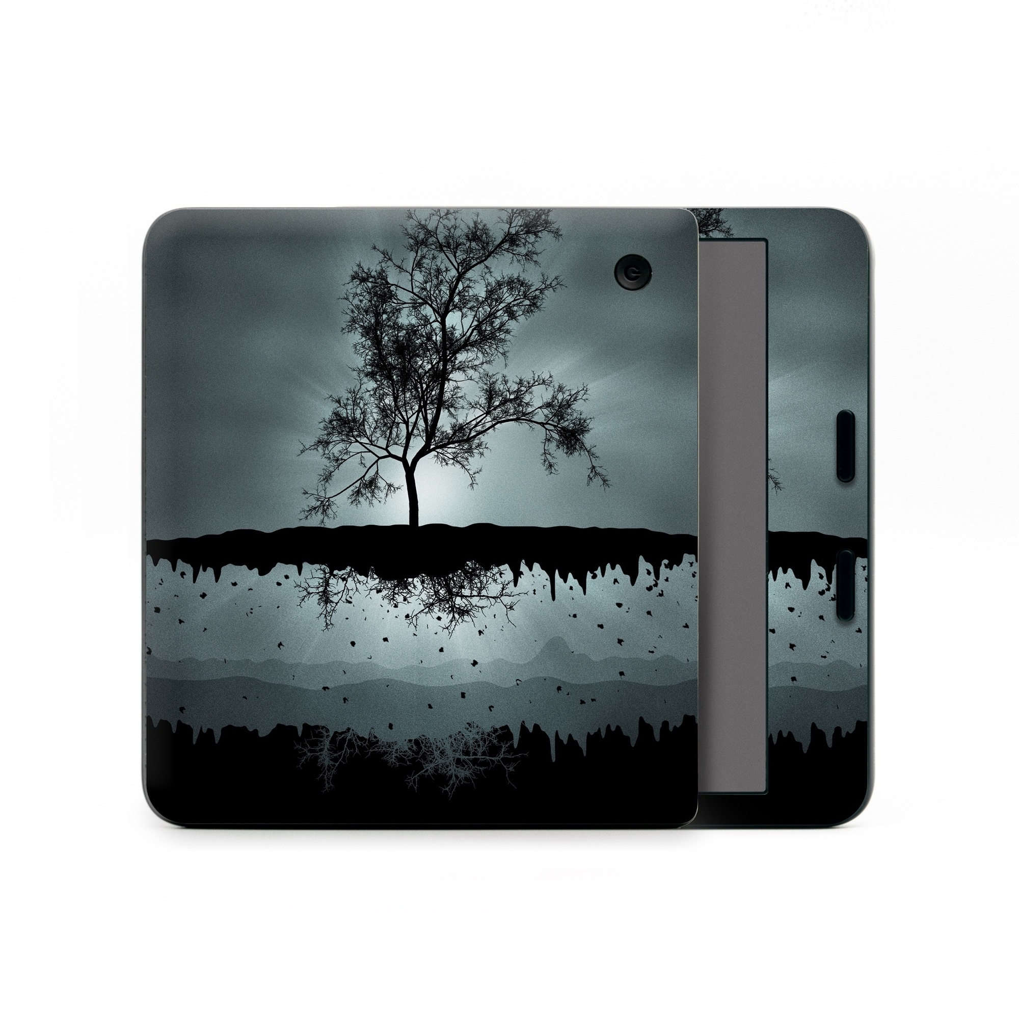 Kobo Libra Colour Skin design of Reflection, Sky, Nature, Water, Black, Tree, Black-and-white, Monochrome photography, Natural landscape, Atmospheric phenomenon, with black, gray, blue colors