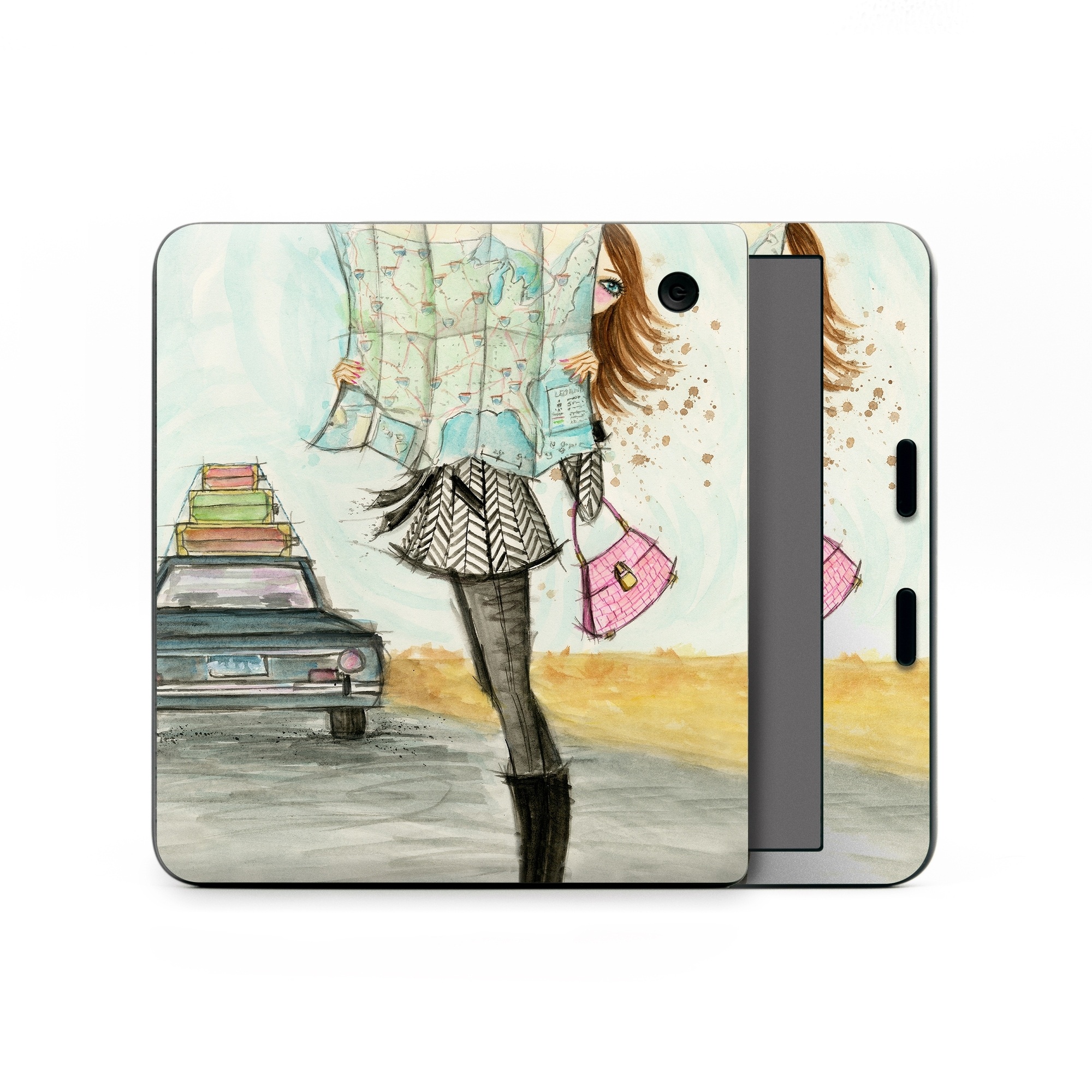 Kobo Libra Colour Skin design of Fashion illustration, Sketch, Watercolor paint, Illustration, Drawing, Art, Footwear, Vehicle, Painting, Fashion design, with blue, black, gray, white, pink, brown, green, orange, yellow colors