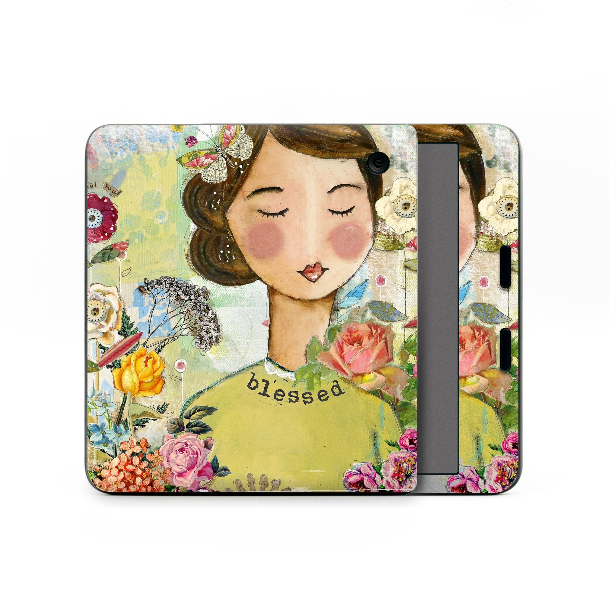 Kobo Libra Colour Skin design of Illustration, Cheek, Art, Watercolor paint, Retro style, Painting, Plant, Flower, Fashion illustration, Fictional character, with pink, green, yellow, white, red, blue colors