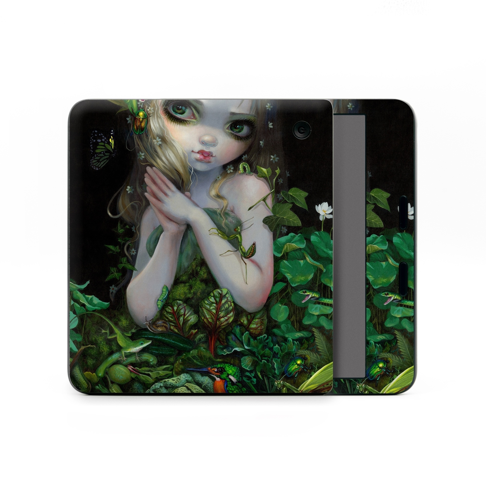 Kobo Libra Colour Skin design of Green, Doll, Fictional character, Lip, Plant, Supervillain, Flower, Illustration, Ivy, Fawn, with black, white, green, red colors