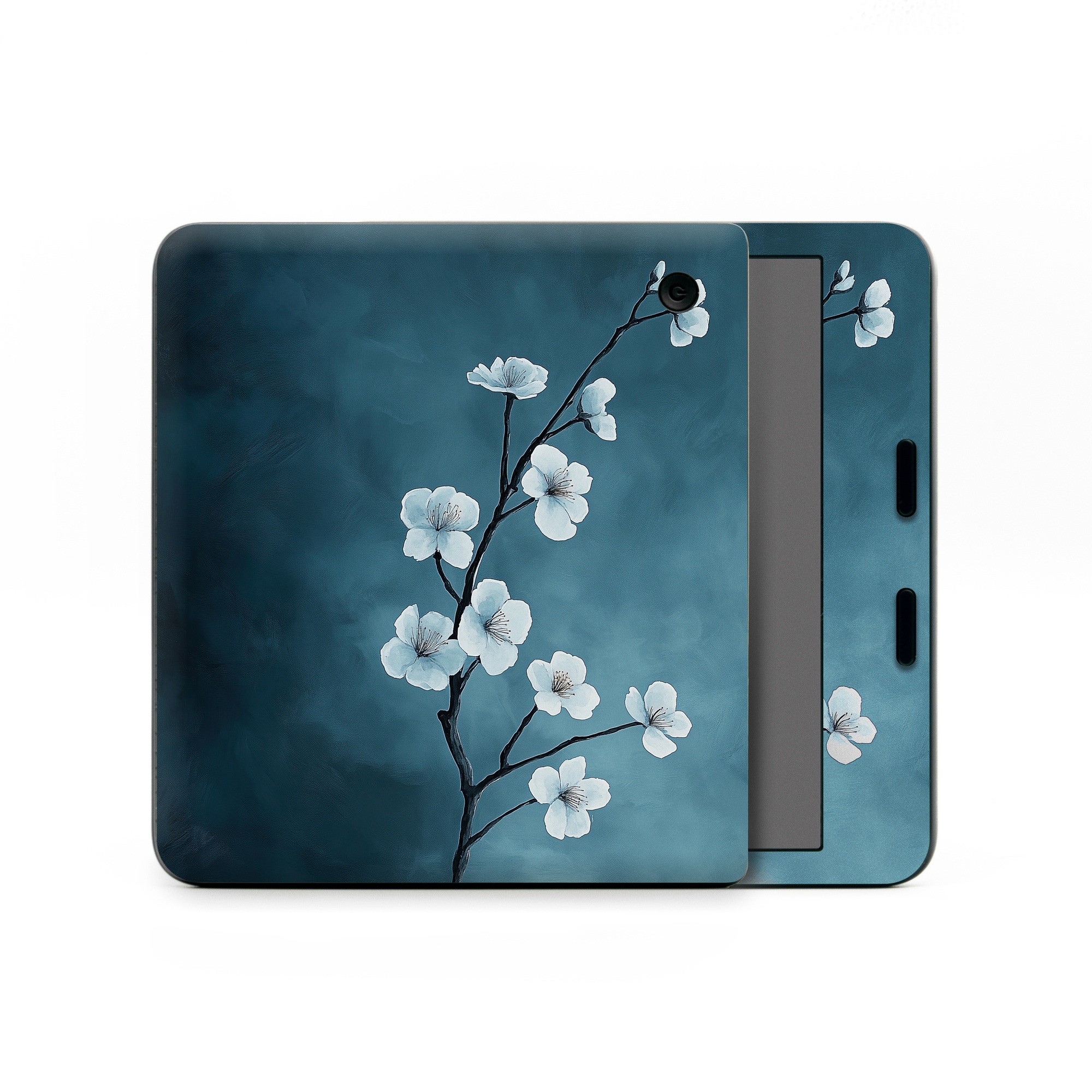 Kobo Libra Colour Skin design of Flower, Nature, Petal, Branch, Twig, Sky, Flowering plant, Cloud, Blossom, Tree, with black, blue, white, gray colors
