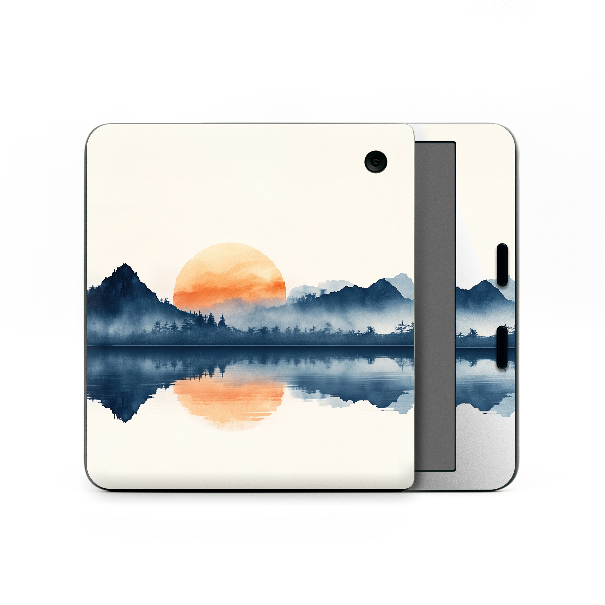 Kobo Libra Colour Skin design of Water, Water resources, Sky, Mountain, Natural landscape, Lake, Atmospheric phenomenon, Landscape, Horizon, Afterglow, with black, blue, white, gray, yellow, orange, red colors