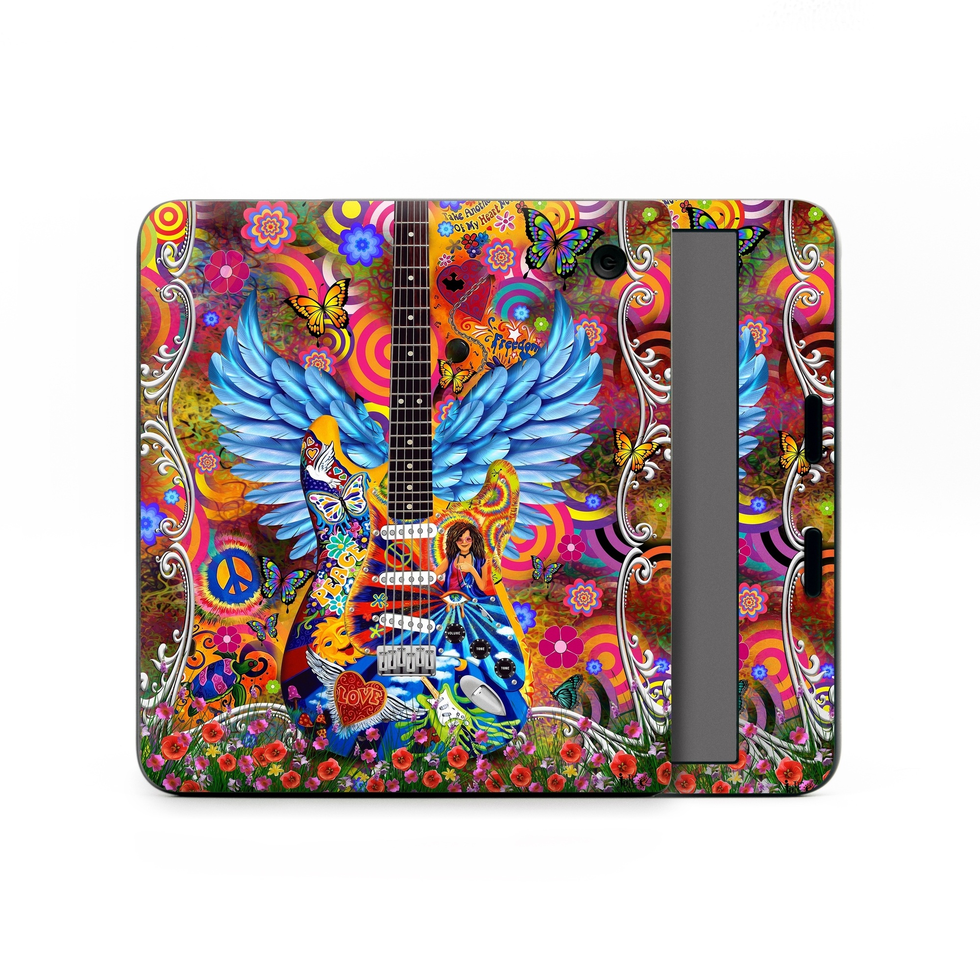 Kobo Libra Colour Skin design of Musical instrument, Guitar, Guitar accessory, Textile, Organism, String instrument, Plucked string instruments, String instrument accessory, Art, Font, with red, yellow, orange, pink, black, white, blue, brown, green colors