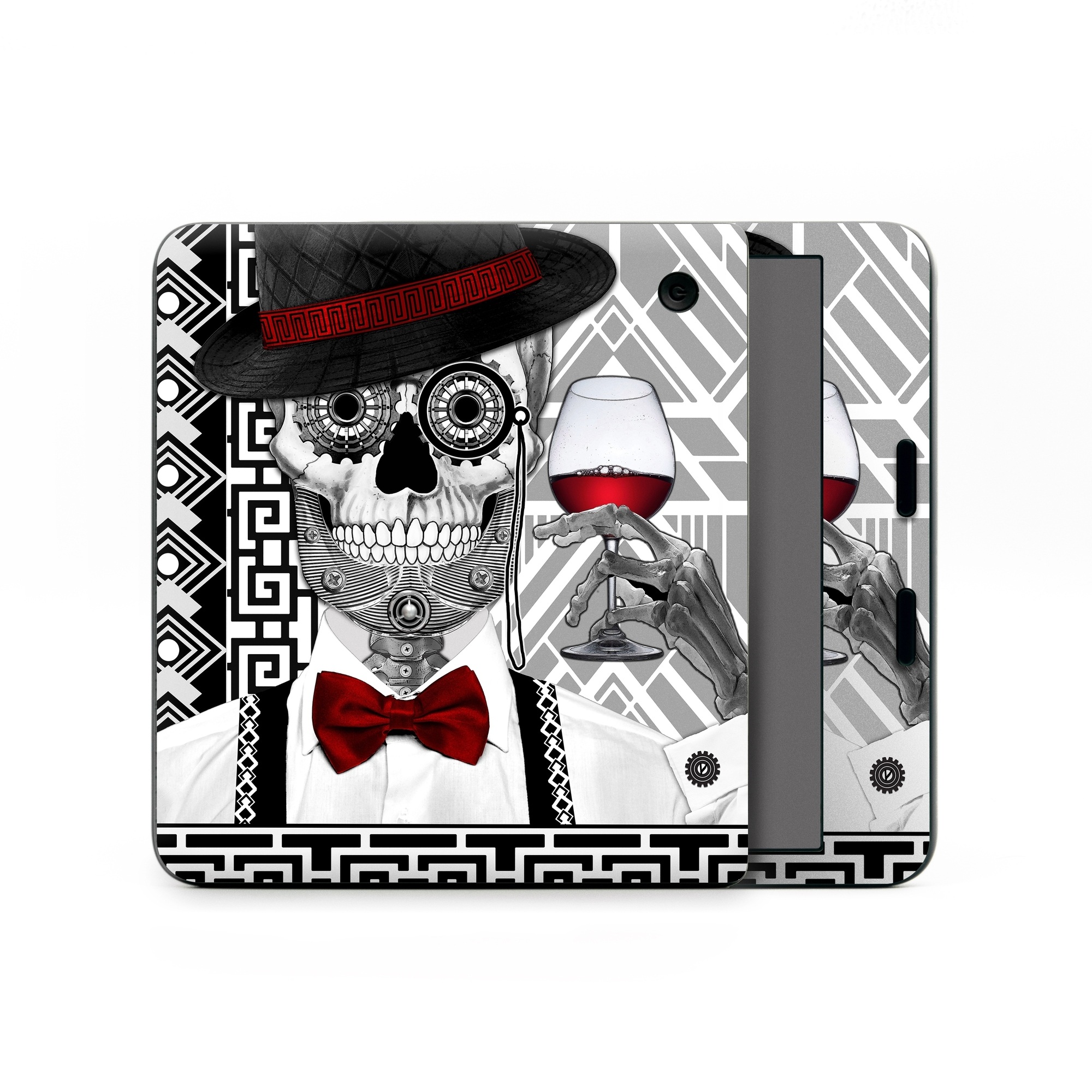 Kobo Libra Colour Skin design of Cartoon, Poster, Font, Illustration, Headgear, Games, Photo caption, Fictional character, Graphic design, Hat, with black, white, red colors